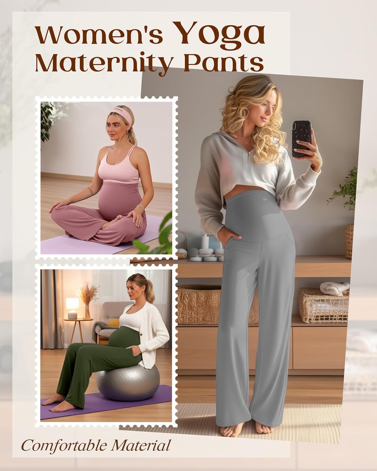 3 Pack Women's Maternity Yoga Pants Over The Belly Pregnancy Pants Wide Leg Lounge Trousers with Pockets - Image 2