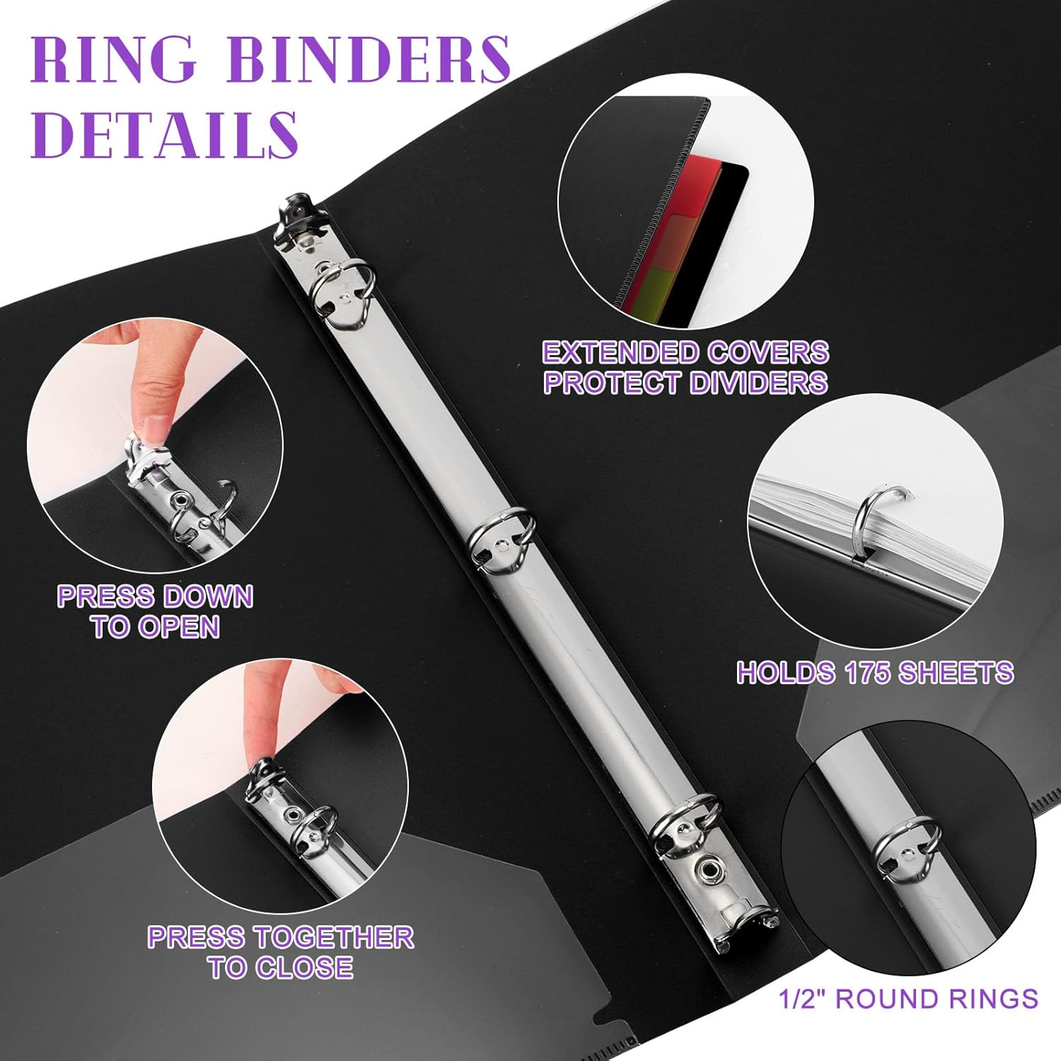 Fulmoon 24 Pcs 3 Ring Plastic Binders Bulk with 2 Pockets Flexible Binder with Transparent View Cover Plastic Binder for Home Office(1/2 Inch,Black)