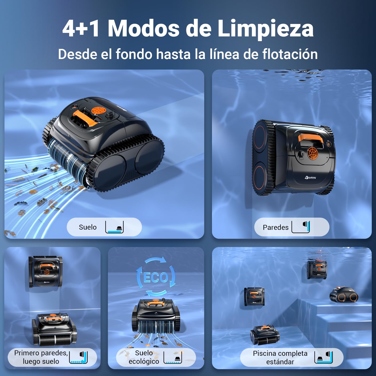 WINNY POOL CLEANER Winny C1 Robot Piscina y Limpiafondos Piscina-Sin Cables, 150 min de Autonomía, Limpia Paredes y Fondo, Navegación Inteligente, Auto-Aparcamiento, Naranja Negro