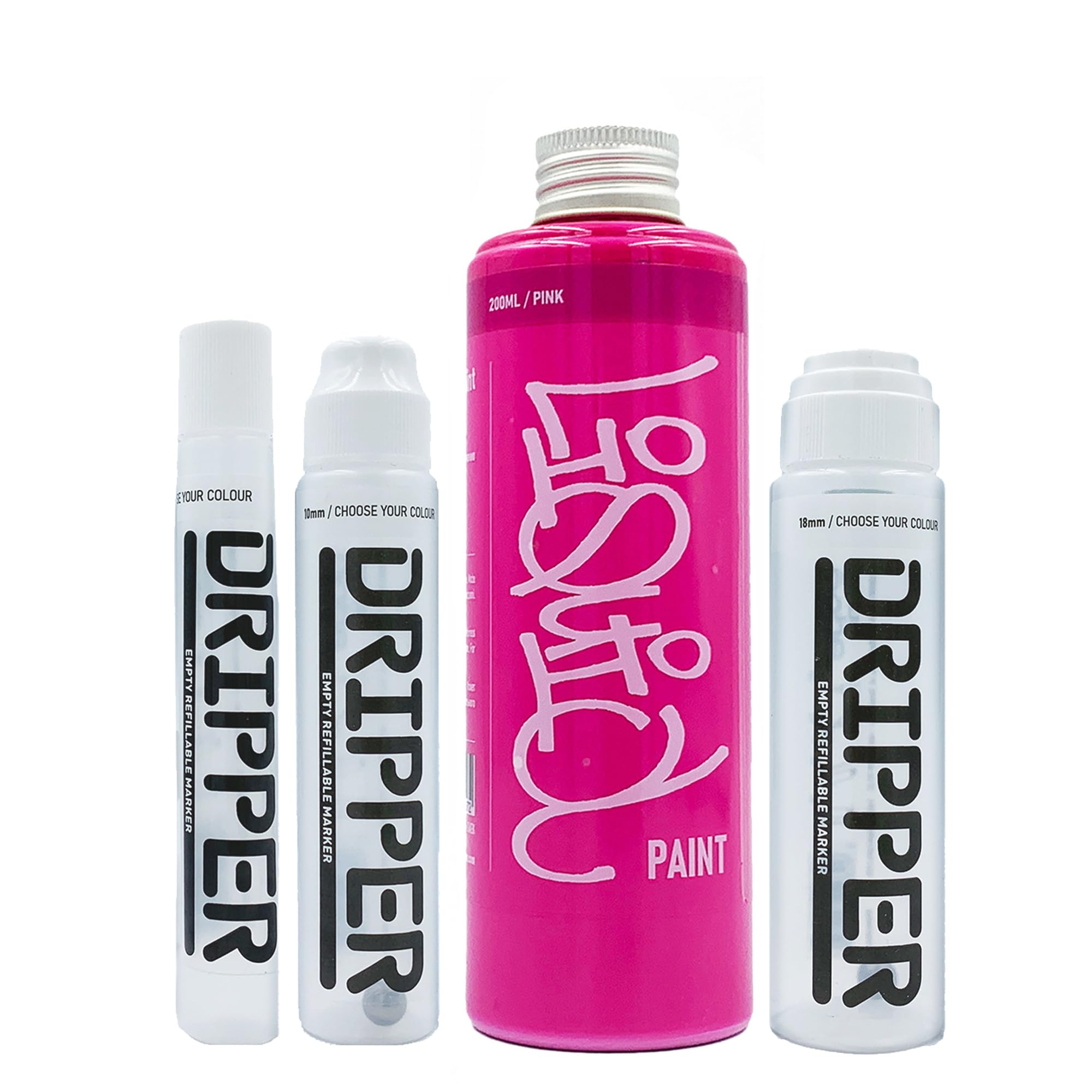 Liquid Paint & Dripper Bundle Dope, Multi Colour Refill & Multi Size Empty Mop Marker Graffiti Art Pack, Permanent 200ml Alcohol Based Paint (Pink)