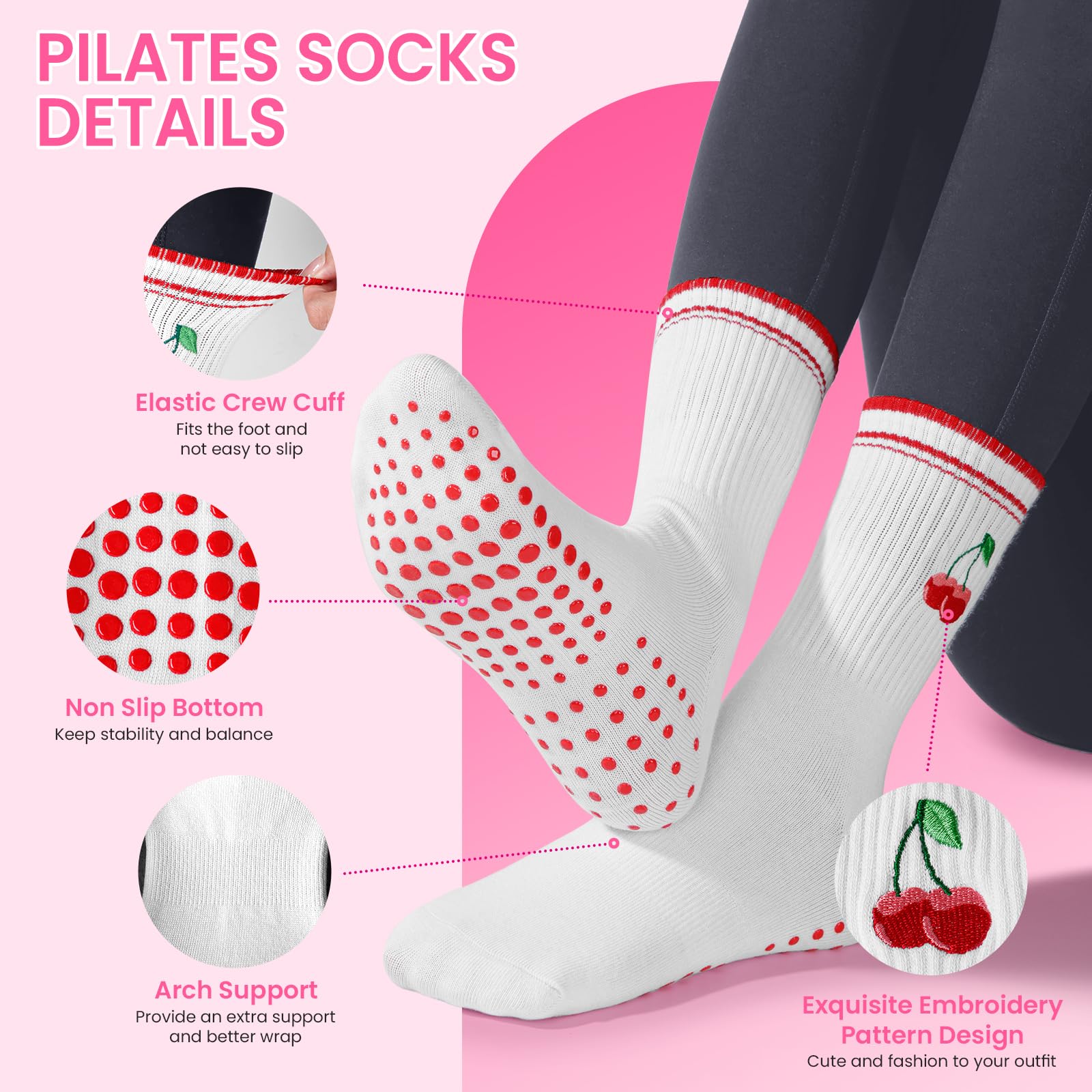 COZYOFFI Pilates Socks Non Slip: 3 Pairs Grip Women Crew Socks Embroidery Pattern Brown