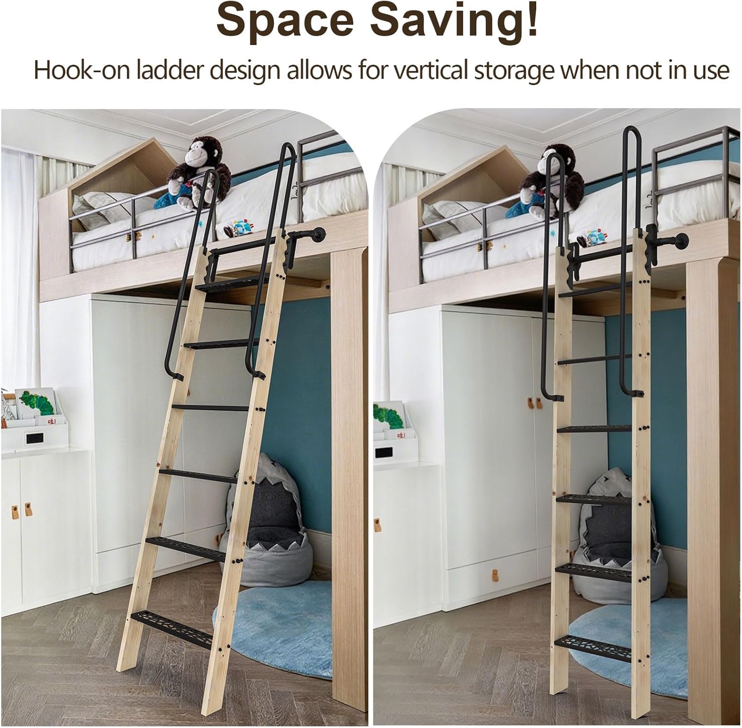 72inch Knotty Pine Wood Library Ladder with Black Metal Step and Handle, Includes 24inch Rustic Black Wall Mount Pipe Railing with Hooks(Suitable Installation Height 70-5/8")