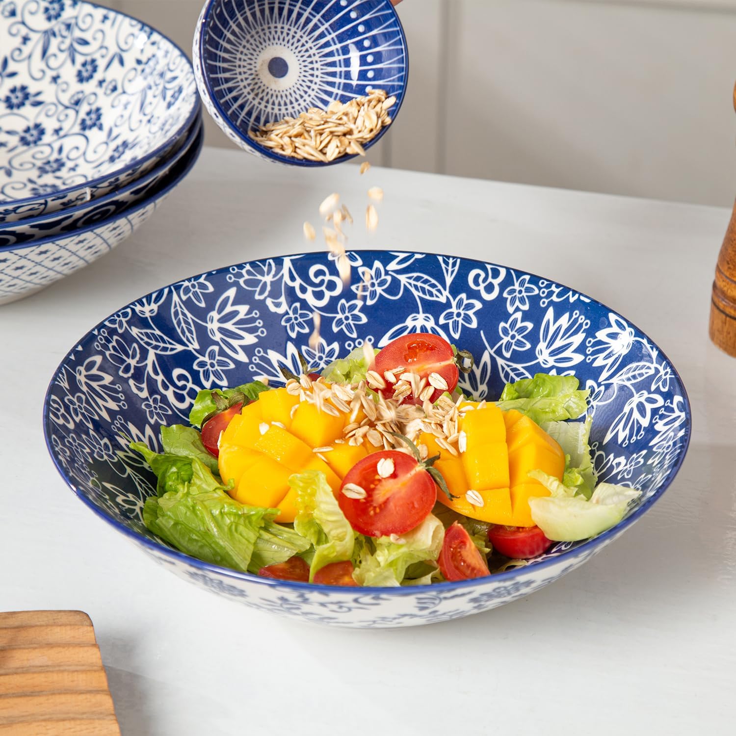 Ceramic Pasta Bowls Set - Large 40 Oz Porcelain Salad & Serving Bowls - 9.3 Inch Wide Bowls for Eating - Housewarming Wedding Gift - Oven & Dishwasher Safe - Set of 4 - Vintage Blue