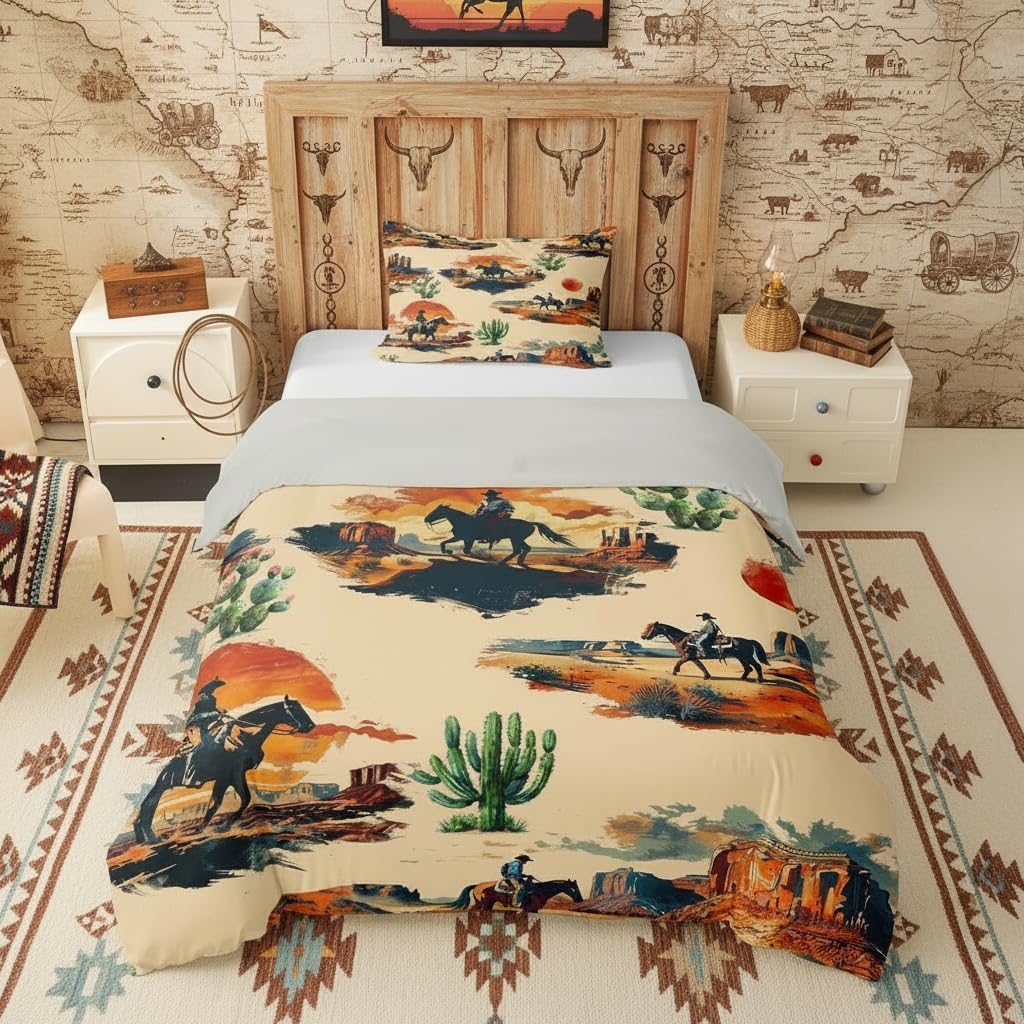 Parure de lit enfant cowboy vintage housse de couette cactus S