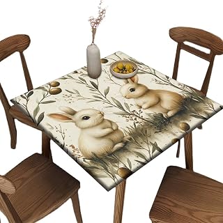 Stall Tablecloth, Rustic Olive Bunny Garden Pattern Printed on Polyester Stretchable Table Covers, for Outdoor Picnics BBQs and Patio Dining, Fit for 42" x 42" Square Tables