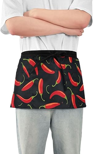 Miniatura 2 de DOMIKING Delantales de camarera con 3 bolsillos para camarera, delantal de chef, delantales cortos para cocina, restaurante