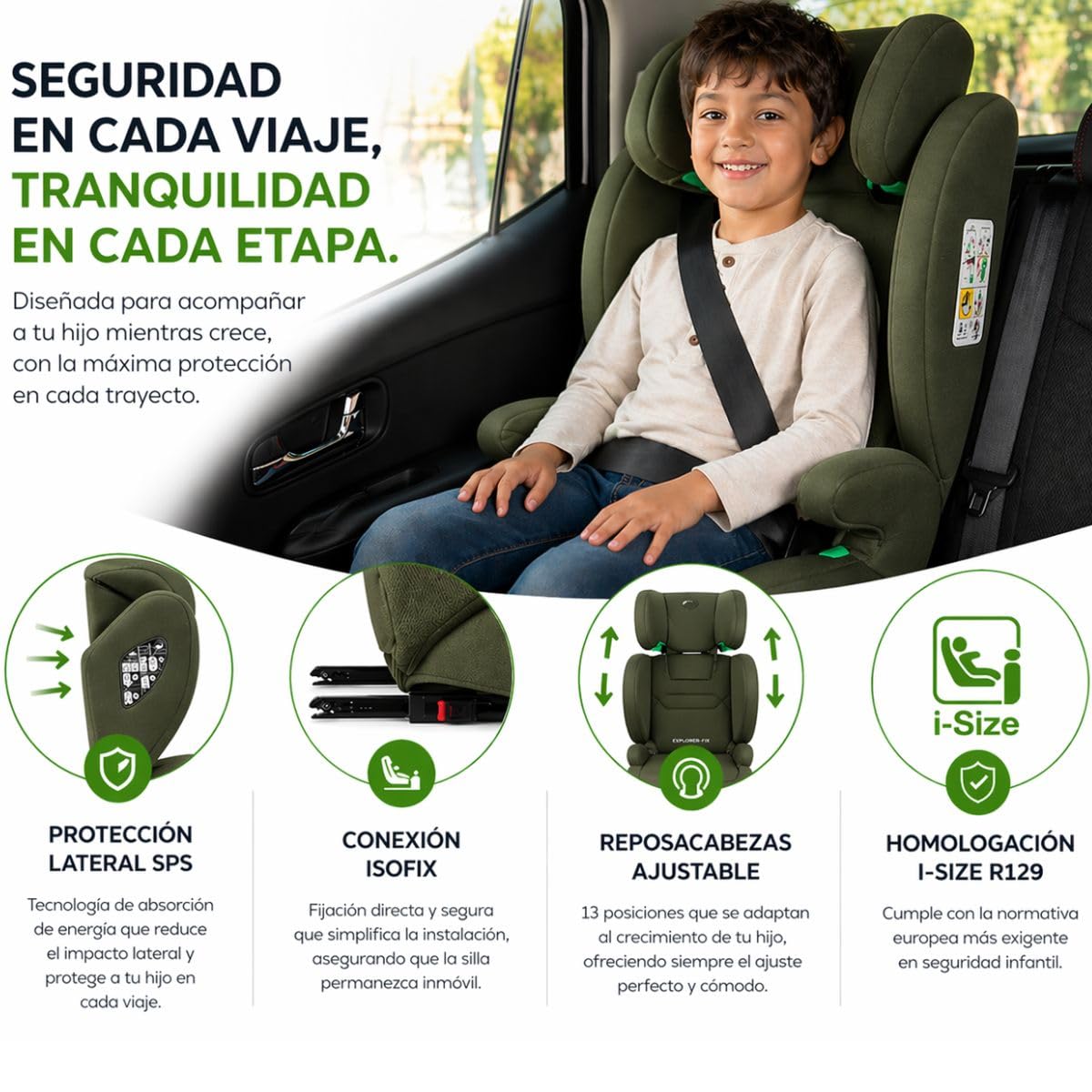 First Step Explorer Fix Silla Coche Niño i-Size (100-150 cm), Grupo 2/3 ISOFIX, Reposacabezas 13 Posiciones, Reclinable, Protección Lateral SPS, De 3,5 a 12 Años, Convertible en Alzador, Verde