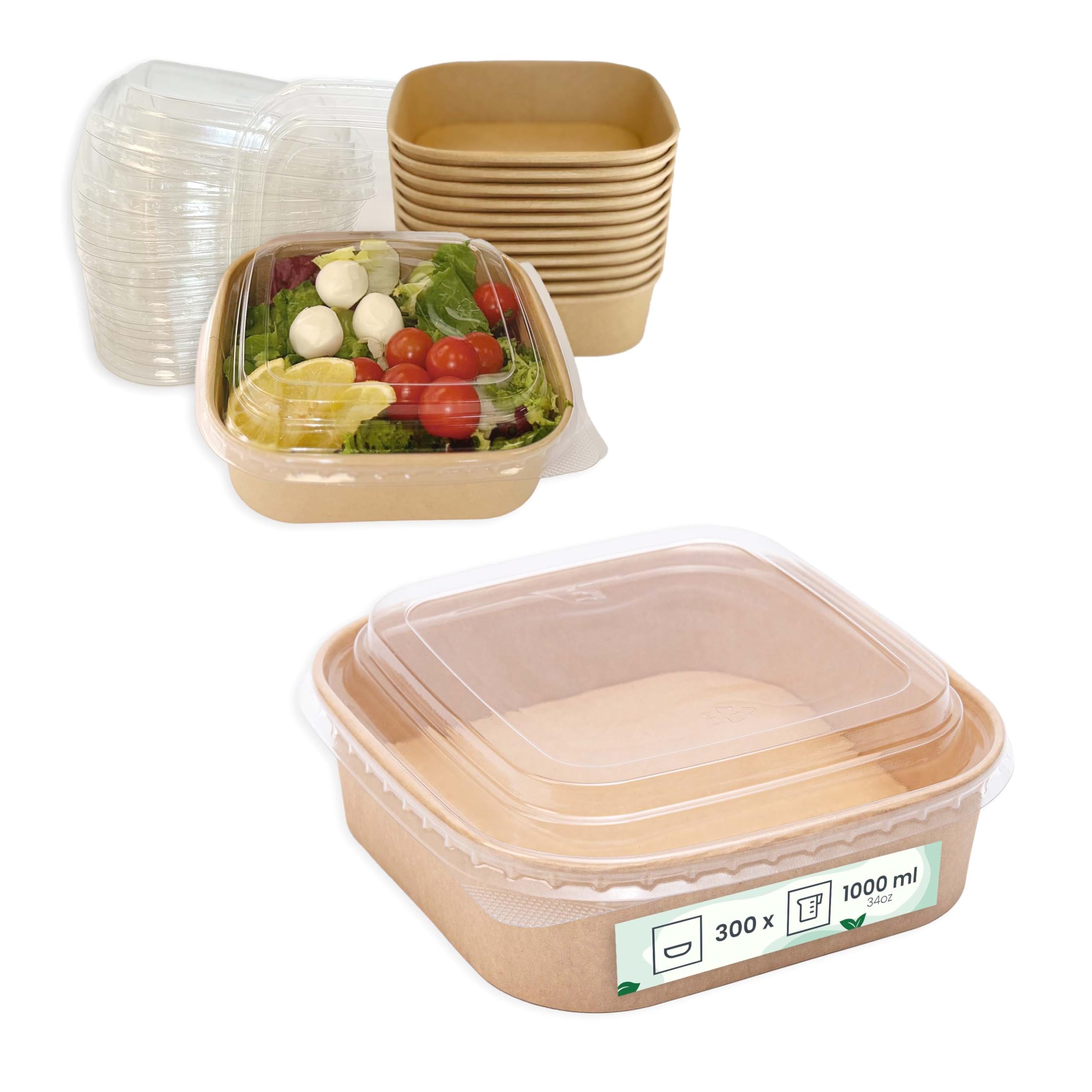 300 Stück Quadratische Kraft Salatschalen mit PET-Deckel 1000 ml | Einweg Lebensmittelschalen für Salate, Suppen und Snacks, Ideal für To-Go und Catering