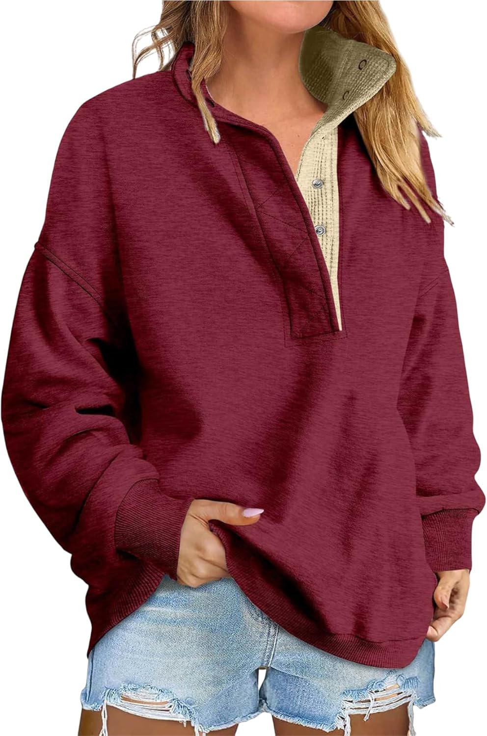 Oversized Sweatshirts for Women, Mockneck Long Sleeve Button Pullover, Casual Fall Lightweight Comfy Sweat Shirts