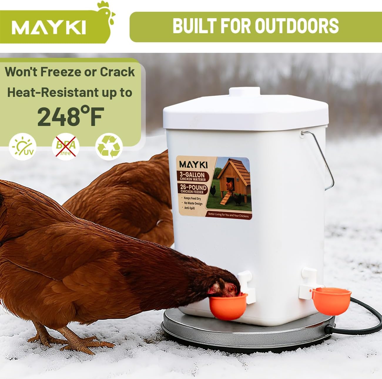 MAYKI Chicken Feeder and Waterer Set, 3 Gallon/26 LB No Waste Poultry Feeding System with Hanging Option, Automatic Coop Accessories for 10 Hens, Upgraded Feeder Port Water Cup, BPA-Free Winter Design