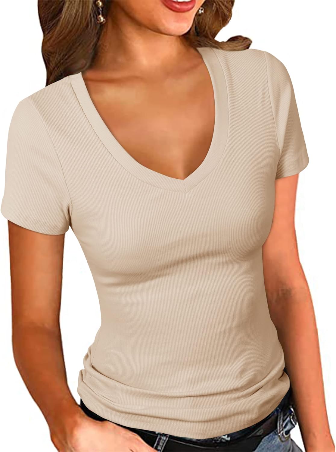 PALINDA Women's Short Sleeves Ribbed Fitted Shirt Basic V Neck Slim T Shirt Tops