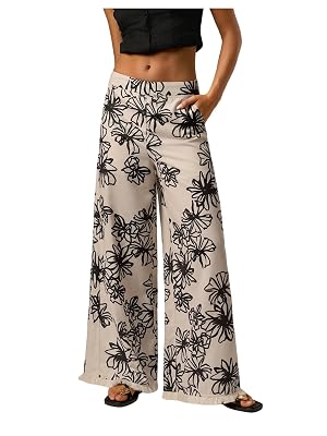 MakeMeChic Womens Floral Wide Leg Pants Raw Hem Elastic Waist Boho Fall Vacation Trousers