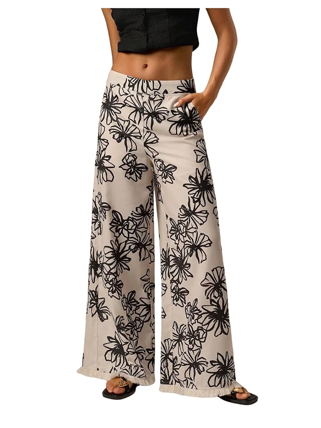 MakeMeChic Womens Floral Wide Leg Pants Raw Hem Elastic Waist Boho Fall Vacation Trousers