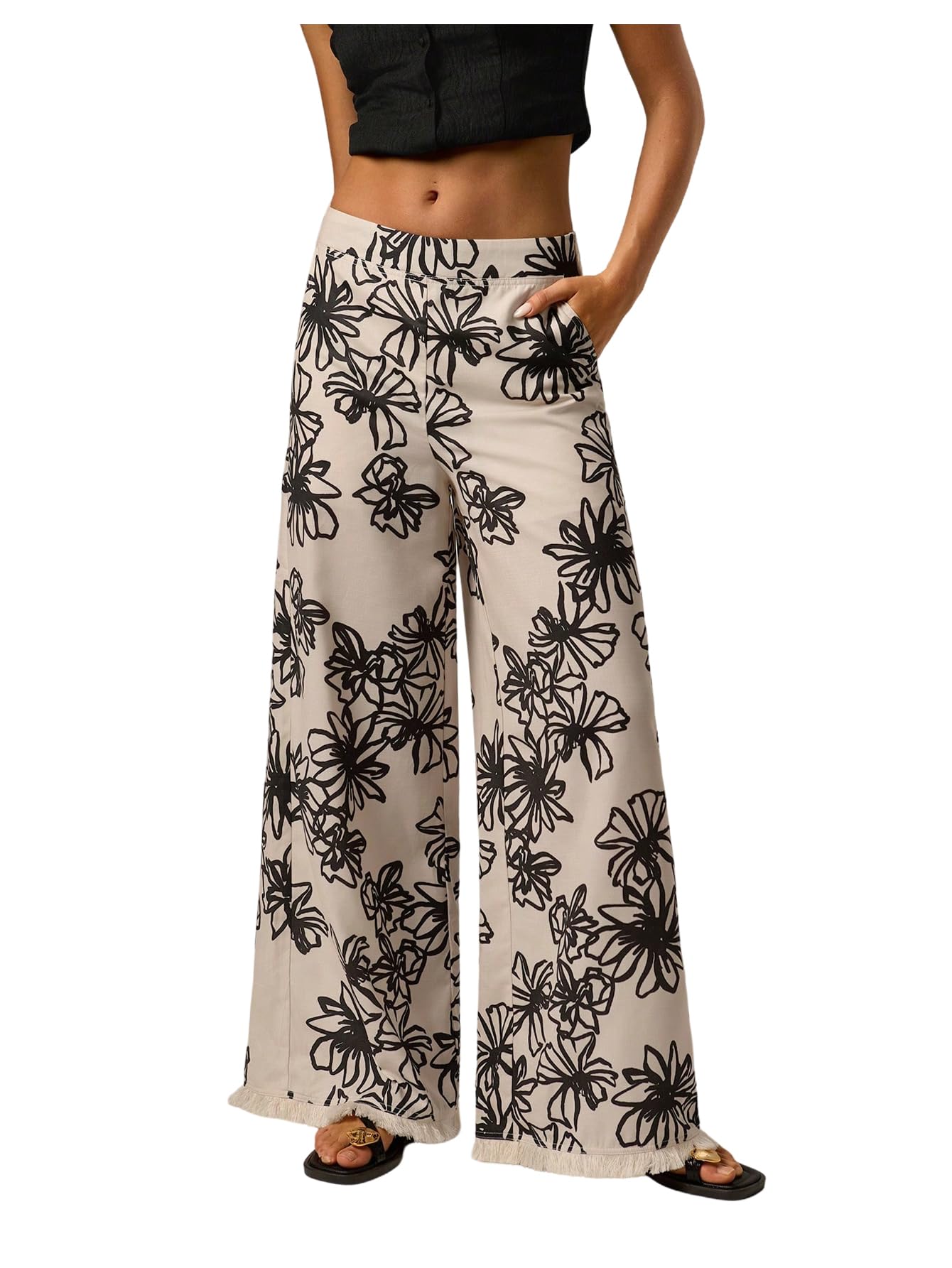 MakeMeChic Womens Floral Wide Leg Pants Raw Hem Elastic Waist Boho Fall Vacation Trousers
