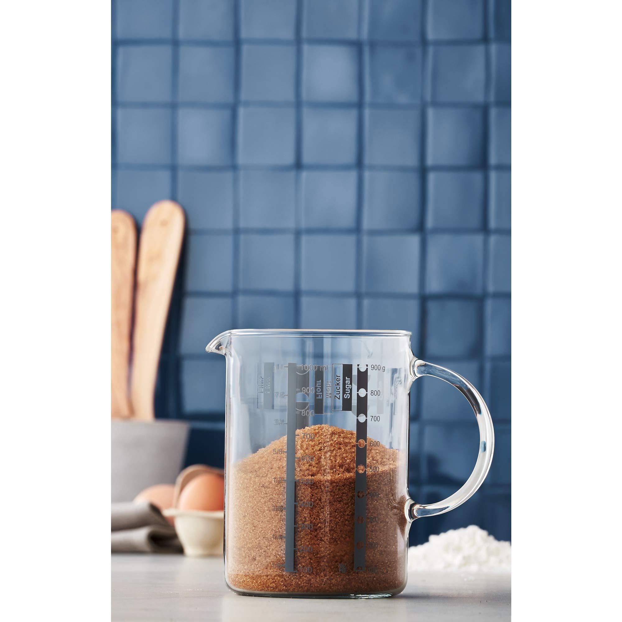 WMF Profi Plus Küchenhelfer Set 7-teilig, Ständer mit 6 Helfern, Schöpflöffel, Schaumlöffel, Wokwender & Gourmet Glas Messbecher 1l, hitzebeständiges Glas, Skalierung für Liter, Milliliter