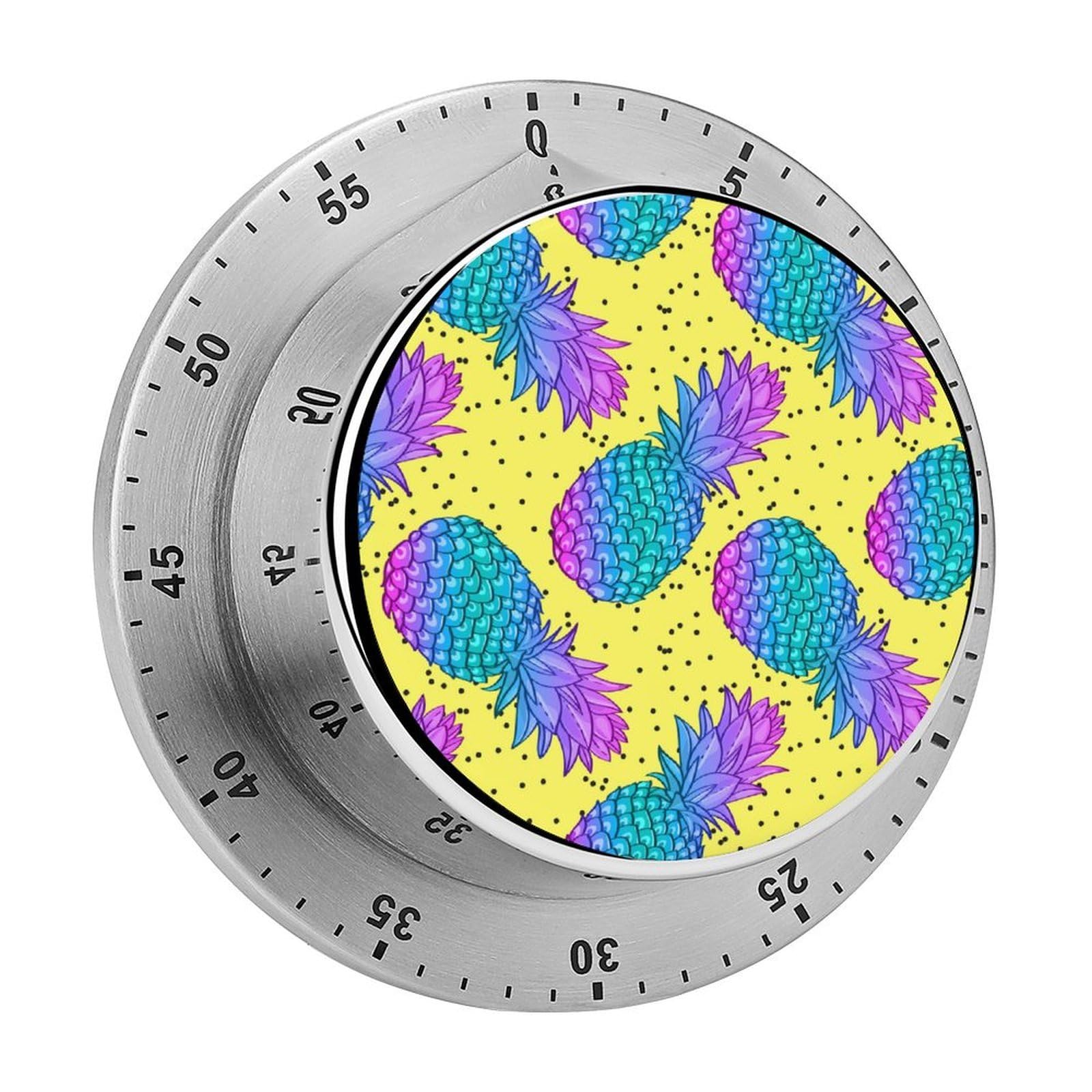 New Hawaiian Tropical Purple Blue Pine Print Yellow Circular Rotating Timer, Suitable for Kitchen and Bedroom