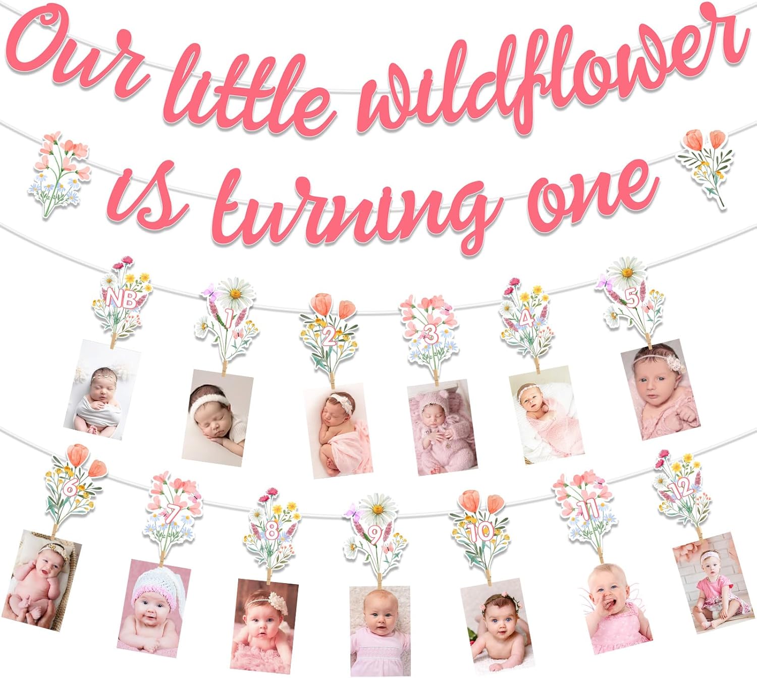 Jollyboom Wildflower 1st Birthday Decoration Girl, Our Little Wildflower is Turning One Banner Floral Theme Photo Banner from Newborn to 12 Months for Floral First Birthday Party Decoration