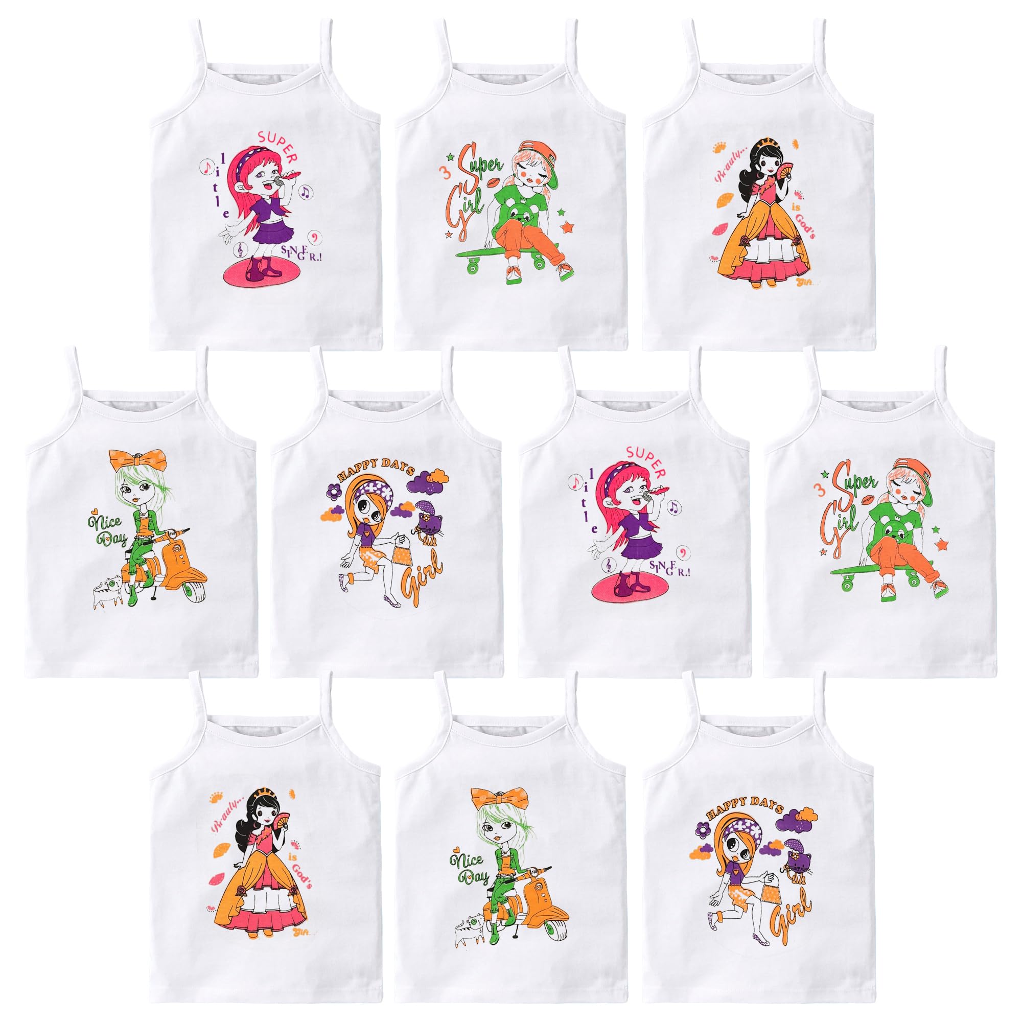 Girls 100% Cotton White Camisoles with Animal Prints & Inspiring Quotes |Innerwear/Slips | Pack of Ten discount deal