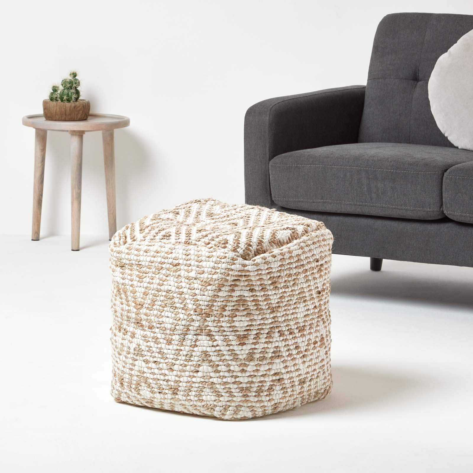 Homescapes Sitzwürfel Sierra 40x40 cm, Pouf mit Ethno-Muster handgefertigt in Natur & Weiß, Fußhocker aus Jute & Baumwolle mit Sitzsack-Füllung