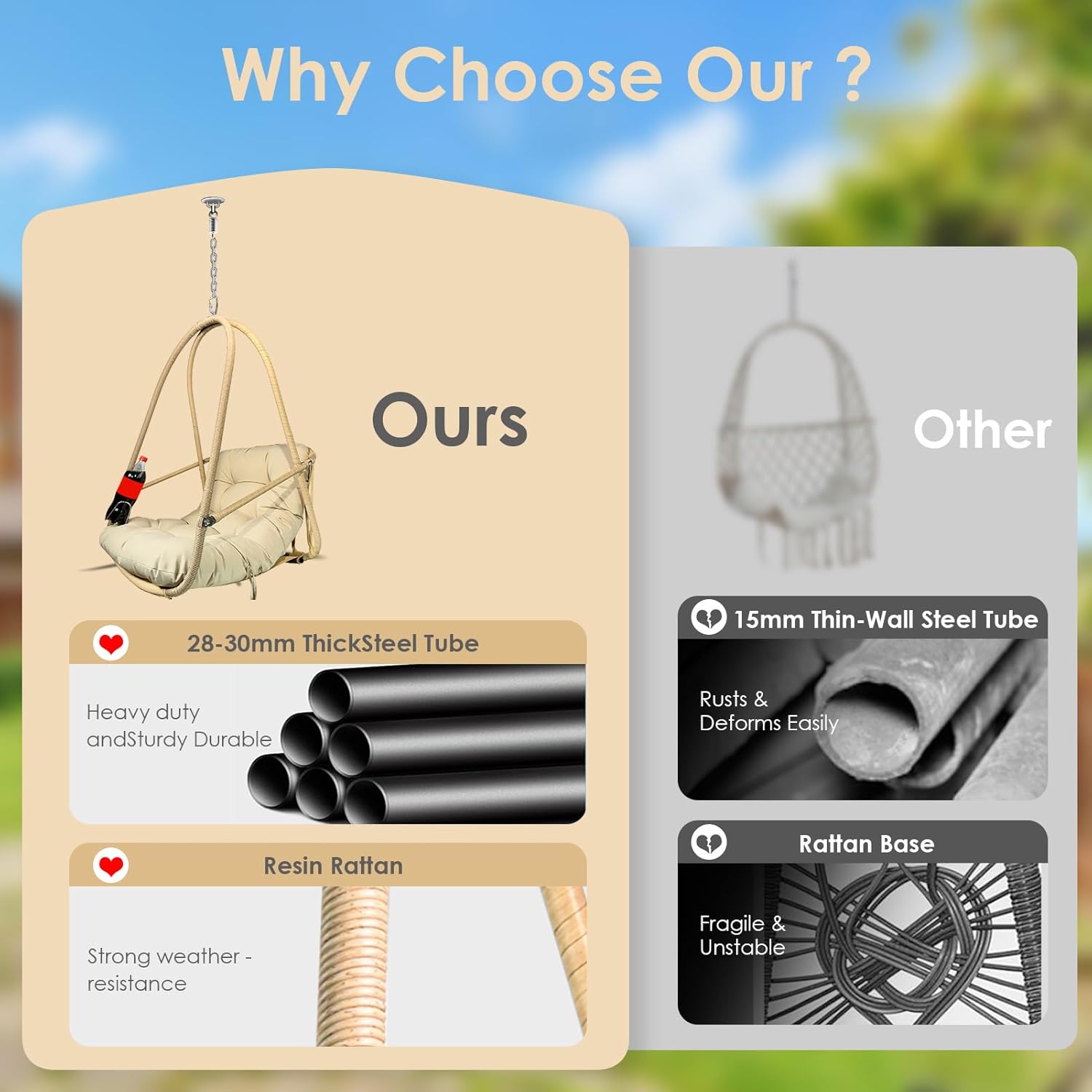 JESE Swing Egg Chair with Stand Foldable Wicker Frame UV Resistant Waterproof Cushion Hanging Chairs with Cup Holder 350lbs Capacity Swing Hammock Chairs for Patio Bedroom Indoor Outside (Beige)