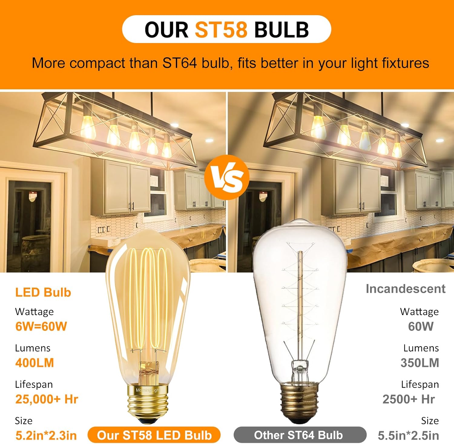 2 Pack E26 Vintage LED Edison Bulbs 60W Equivalent, Dimmable Vintage Light Bulbs Amber Warm 2200K, ST58 Antique Decorative 6W LED Bulbs for Farmhouse Pendant, Modern Ceiling Fixtures, 400LM, CRI90+