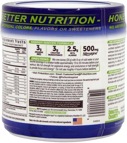 Miniatura 4 de PERFORMANCE INSPIRED Nutrition - Polvo de preentrenamiento - Contiene citrulina - Nitrosigina - Té verde - Todo natural - 1.49 libras - Ponche de