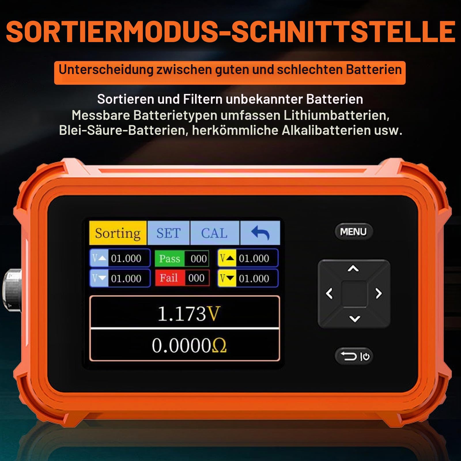 Batterie-Innenwiderstandsmessgerät PBRM-1 mit 4-Draht-Kelvin-Klemmen, 110 V, 100 Ω, 1 kHz Wechselstrom, Tragbares 2,8-Zoll-TFT-Display-Voltmeter, Sortiermodus für Haushalts-/Autobatterietester