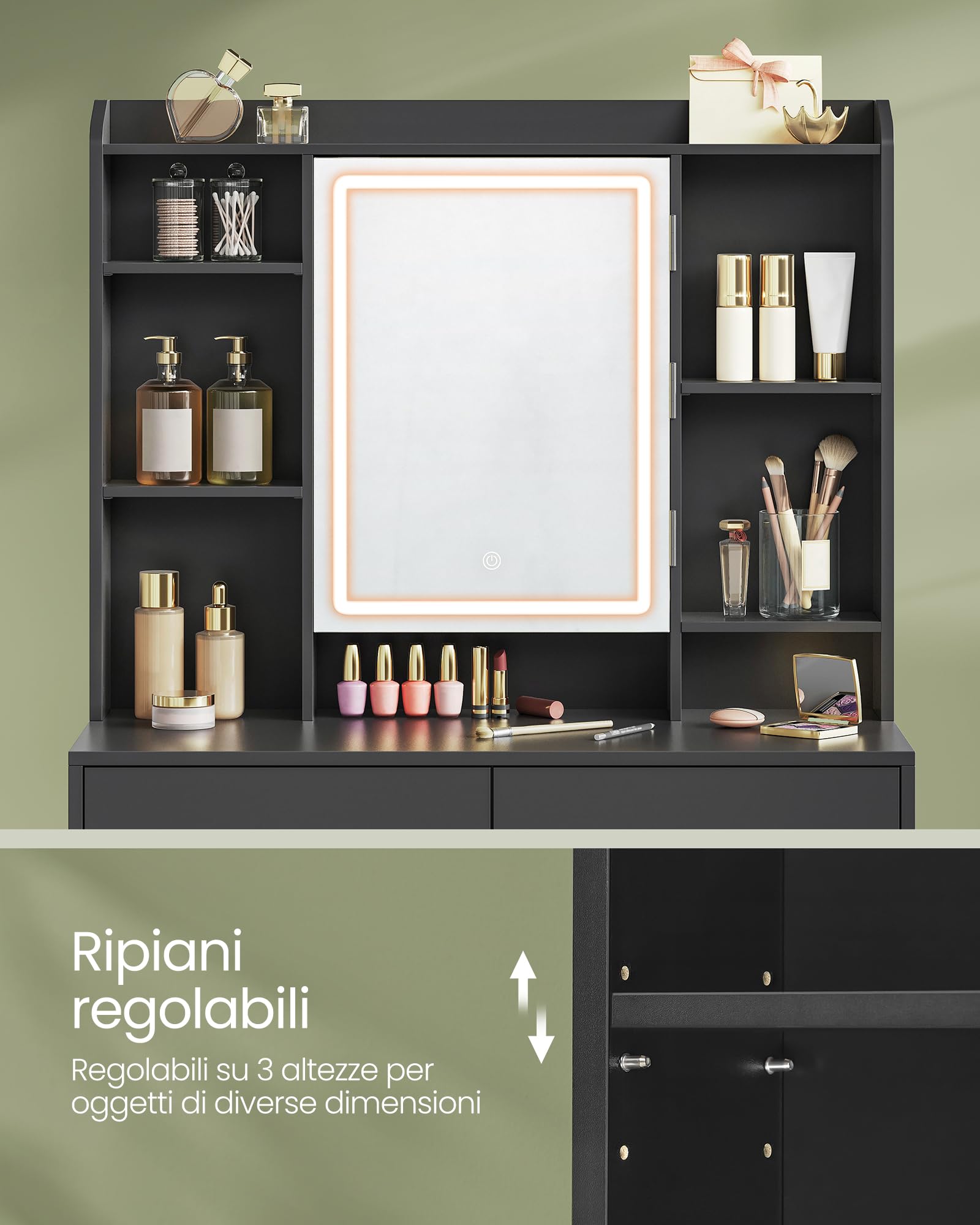 VASAGLE KAILYN Collezione - Toeletta con Luci LED 3 Colorazioni con Luminosità Regolabile, Tavolo da Trucco con Specchio, Ripiani Regolabili, 2 Cassetti, Postazione Trucco, Nero Inchiostro RDT123B01