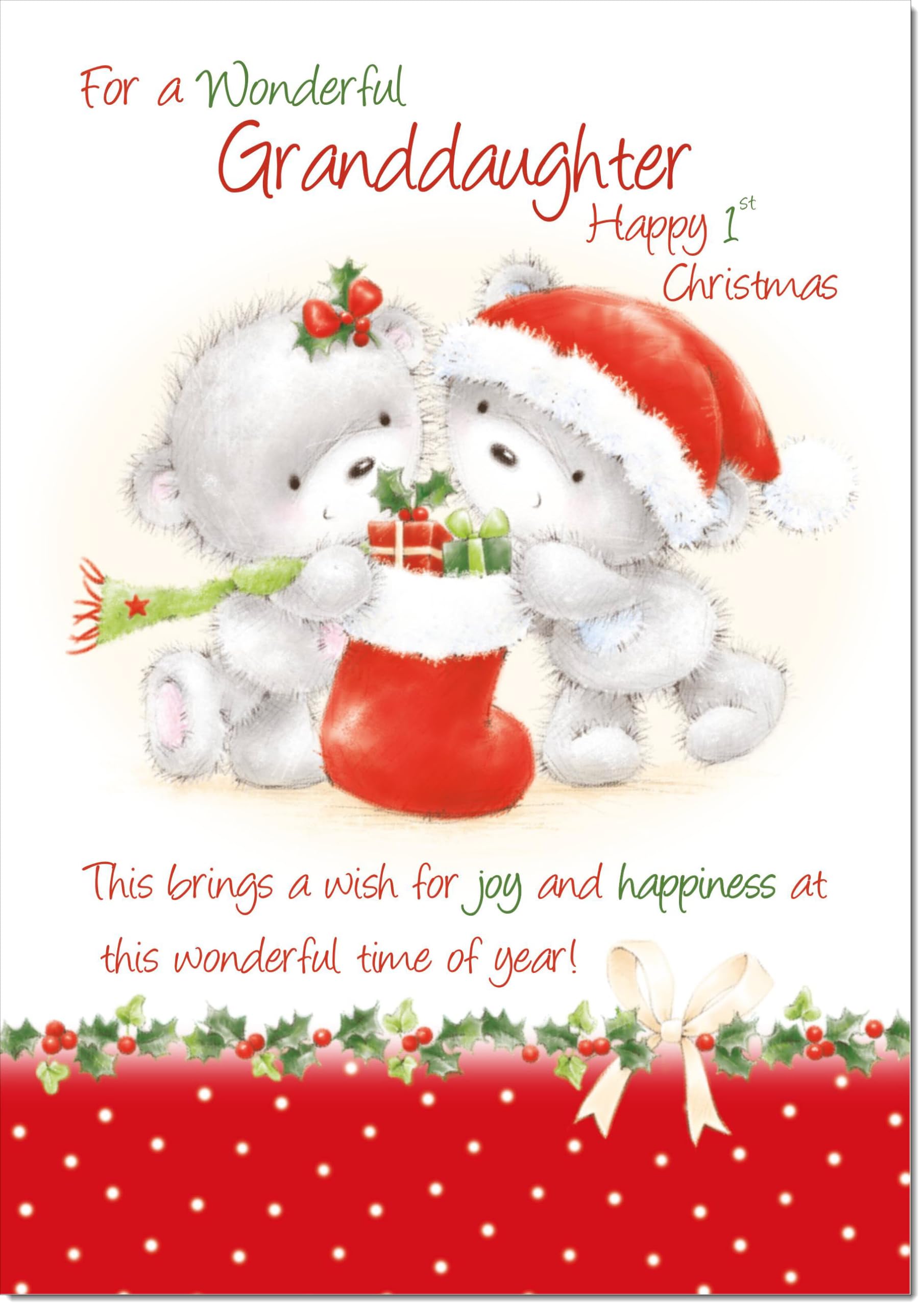 doodlecards Granddaughters 1st First Christmas Card Cute Bears with Stocking Large A4 Size Christmas Card for Granddaughters 1st with Plain Envelope