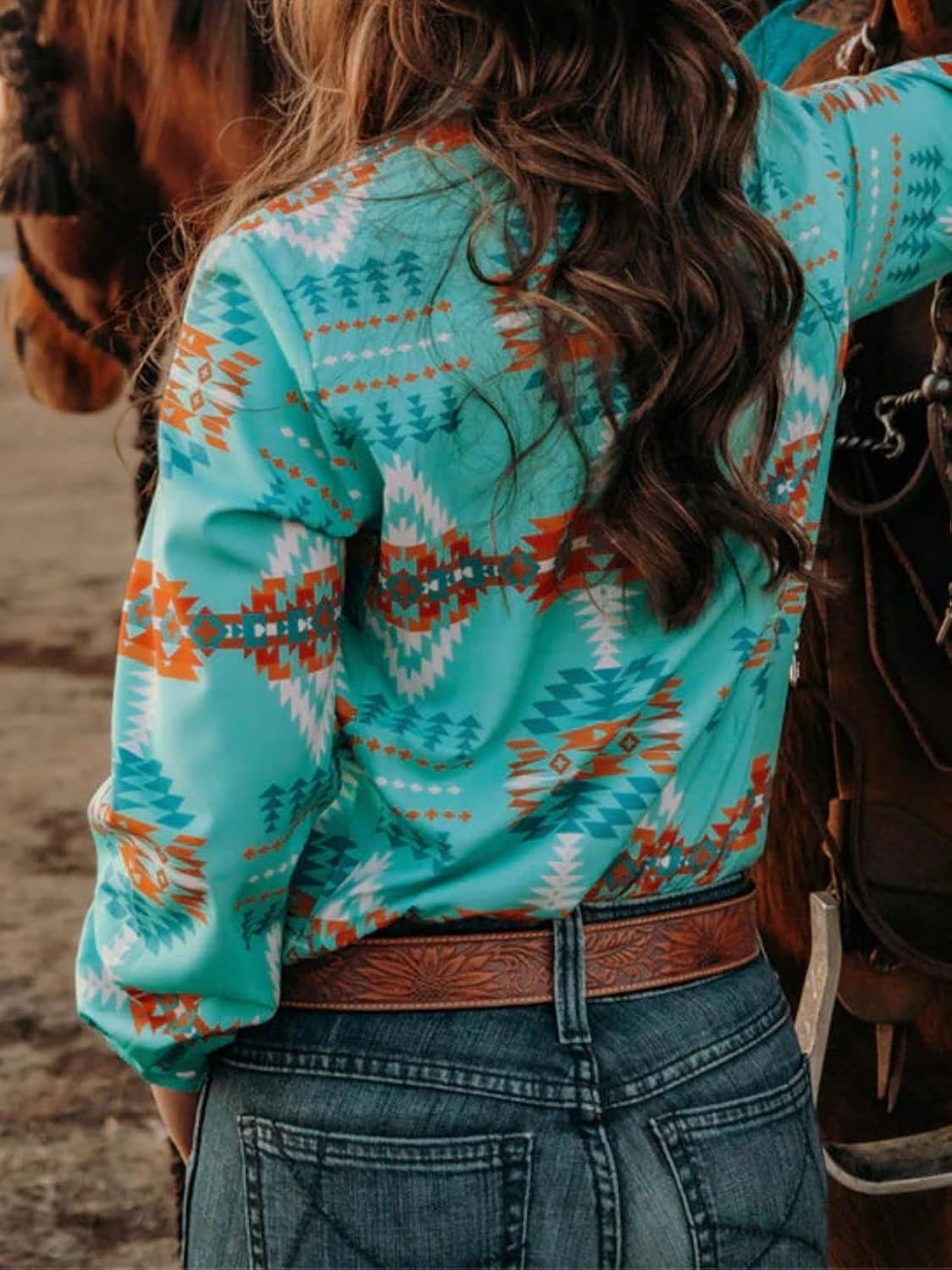 Womens Aztec Pearl Snap Shirts Rodeo Western Show Tops Lapel Button Up Blouse Long Sleeve Cowgirl Tunic - Image 4