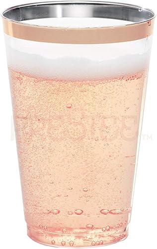 Miniatura 5 de Prestee Vasos de plástico con borde de oro rosa, 14 oz. Paquete de 50 vasos de plástico transparente duro, vasos desechables para fiesta, vasos de