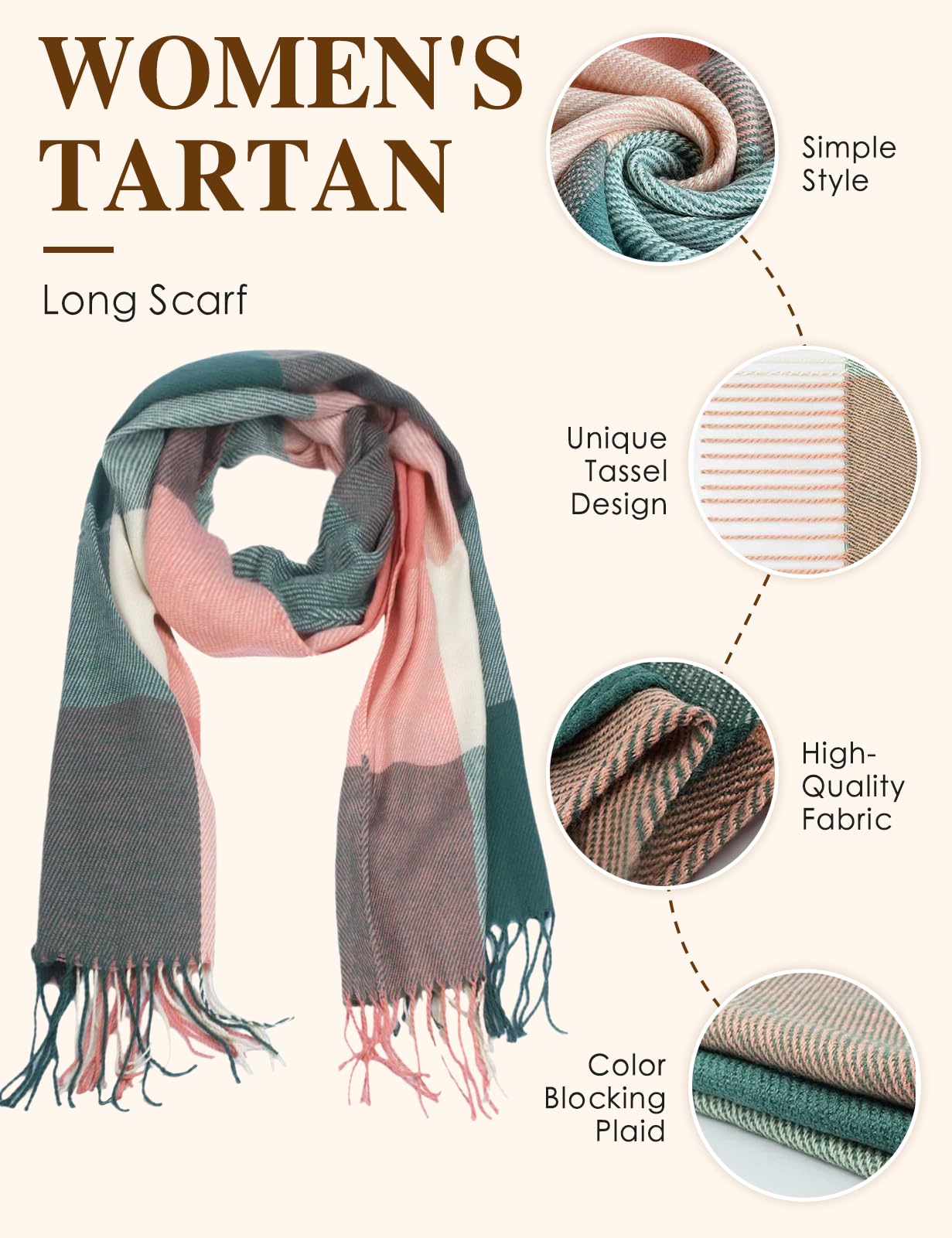 heekpek Sciarpa Donna Invernale Elegante Lunghe Sciarpa Tartan Calda Morbida Colorata Scialle Donna Invernale Cashmere con Frange