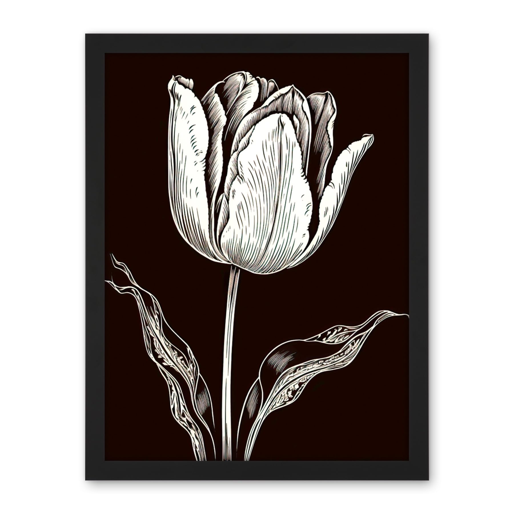 Artery8 Tulip Flower Black and White Contour Folk Art Artwork Framed Wall Art Print 18X24 Inch