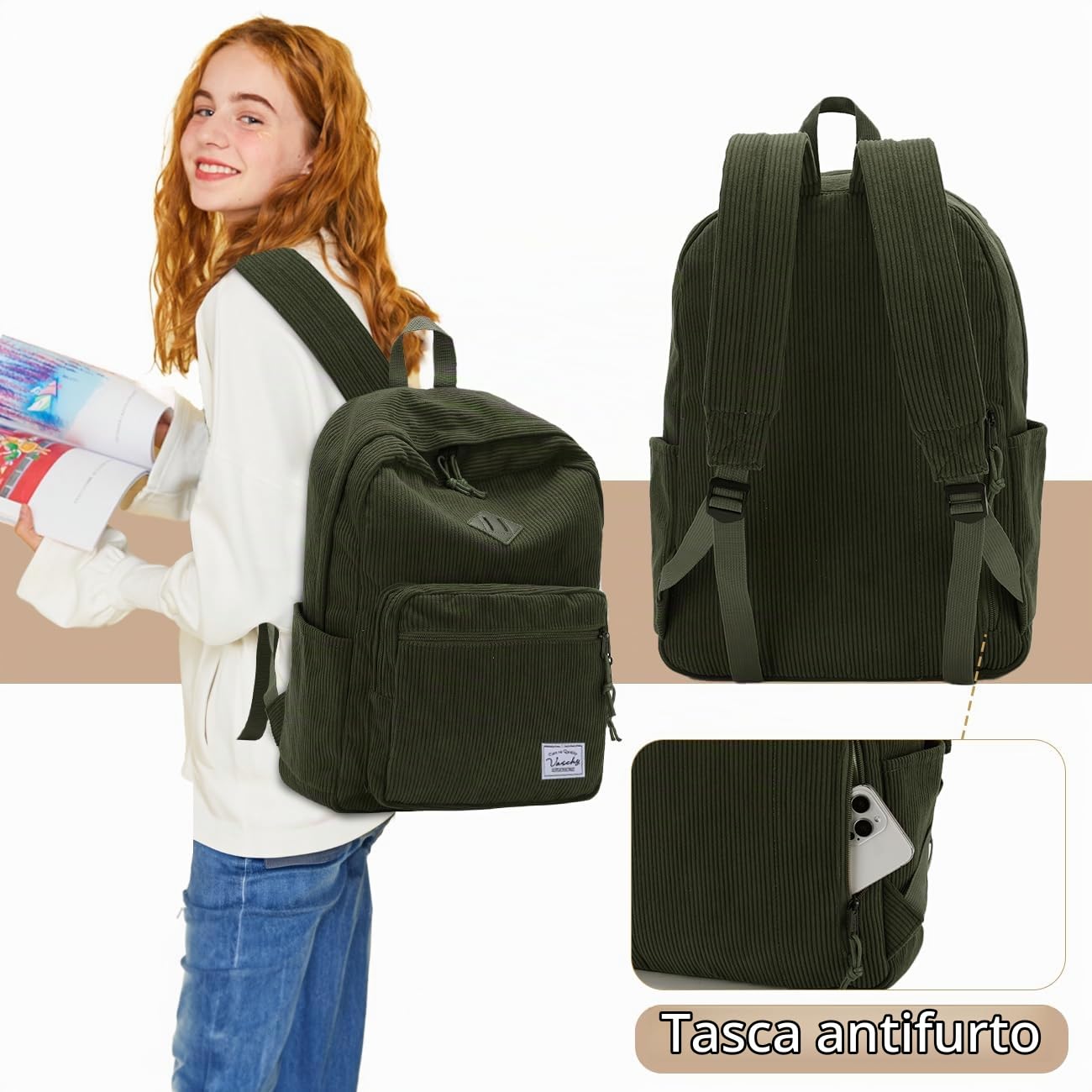 VASCHY Zaino Unisex in Velluto a Coste, Leggero Zaino Scuola Media e Superiore con Tasche Multiple e Scomparto Imbottito per Laptop 15,6 pollici Verde Scuro