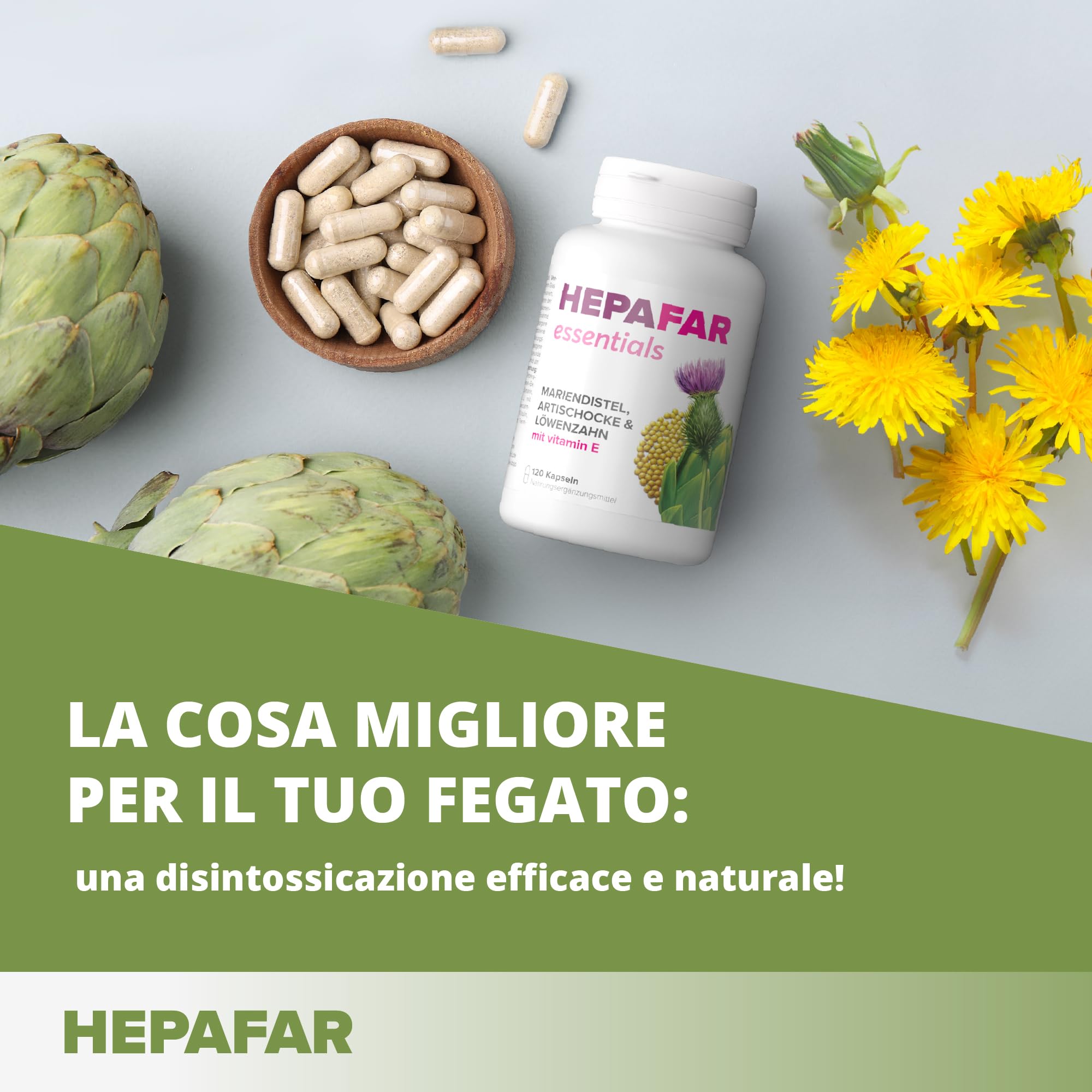 Cardo Mariano Tarassaco e Carciofo – Vitamina E – Detox – 80% di Silimarina – Depura Fegato – 120 capsule vegane ad alto dosaggio per 120 giorni – Sensilab Essential Hepafar