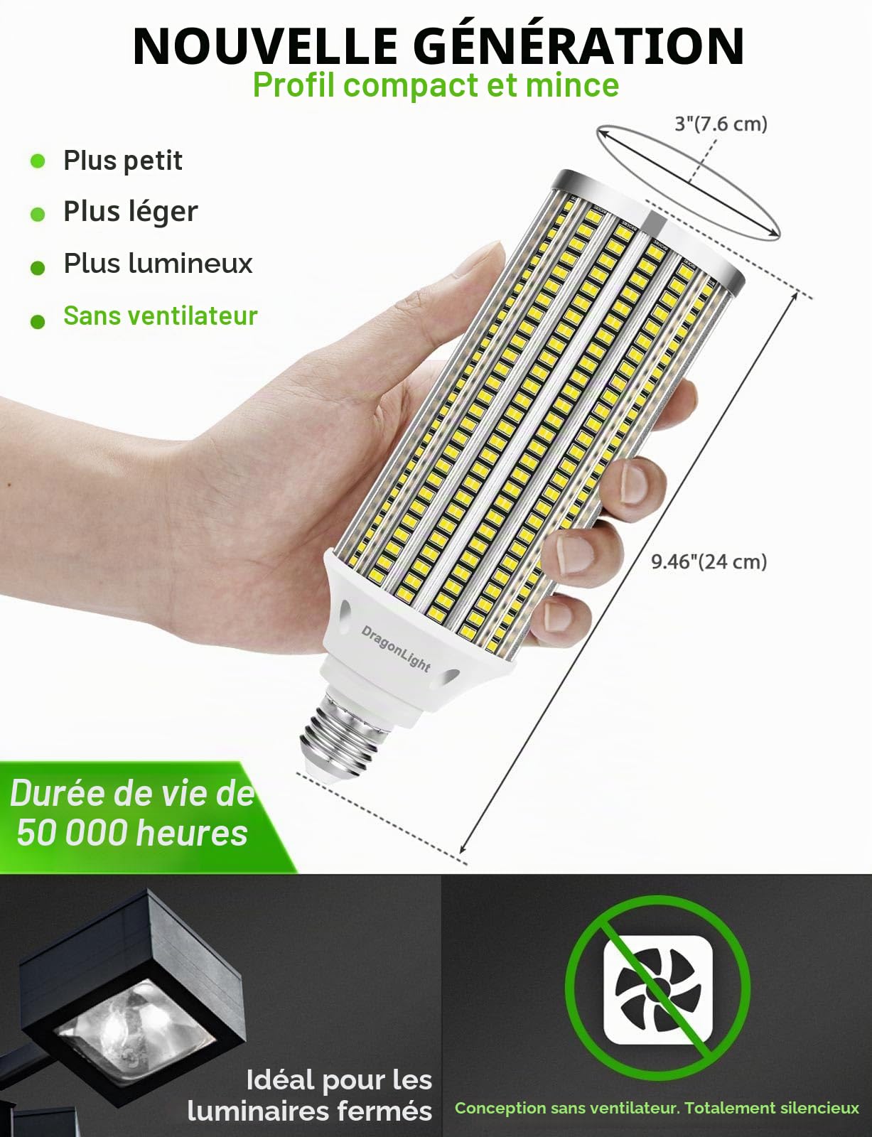 DragonLight 100W Ampoule LED Maïs Super Lumineuse (Remplace 700W) - Ampoule LED Edison E27/E40-5000K Blanc Froid 12000LM pour éclairage industriel - Garage Atelier Bureau Cour (Lot de 2)