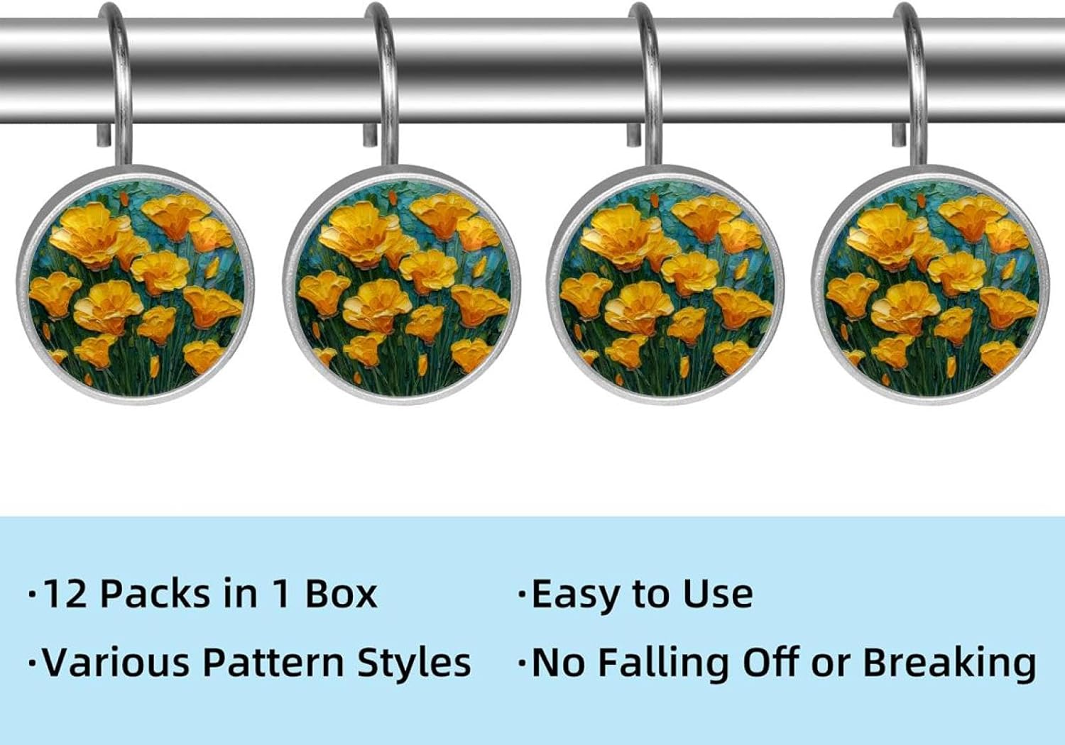 12PCS Yellow California Poppy Painting (1) Shower Curtain Hooks Metal Rust Resistant Decorative Shower Curtain Hooks Bathroom Decorations