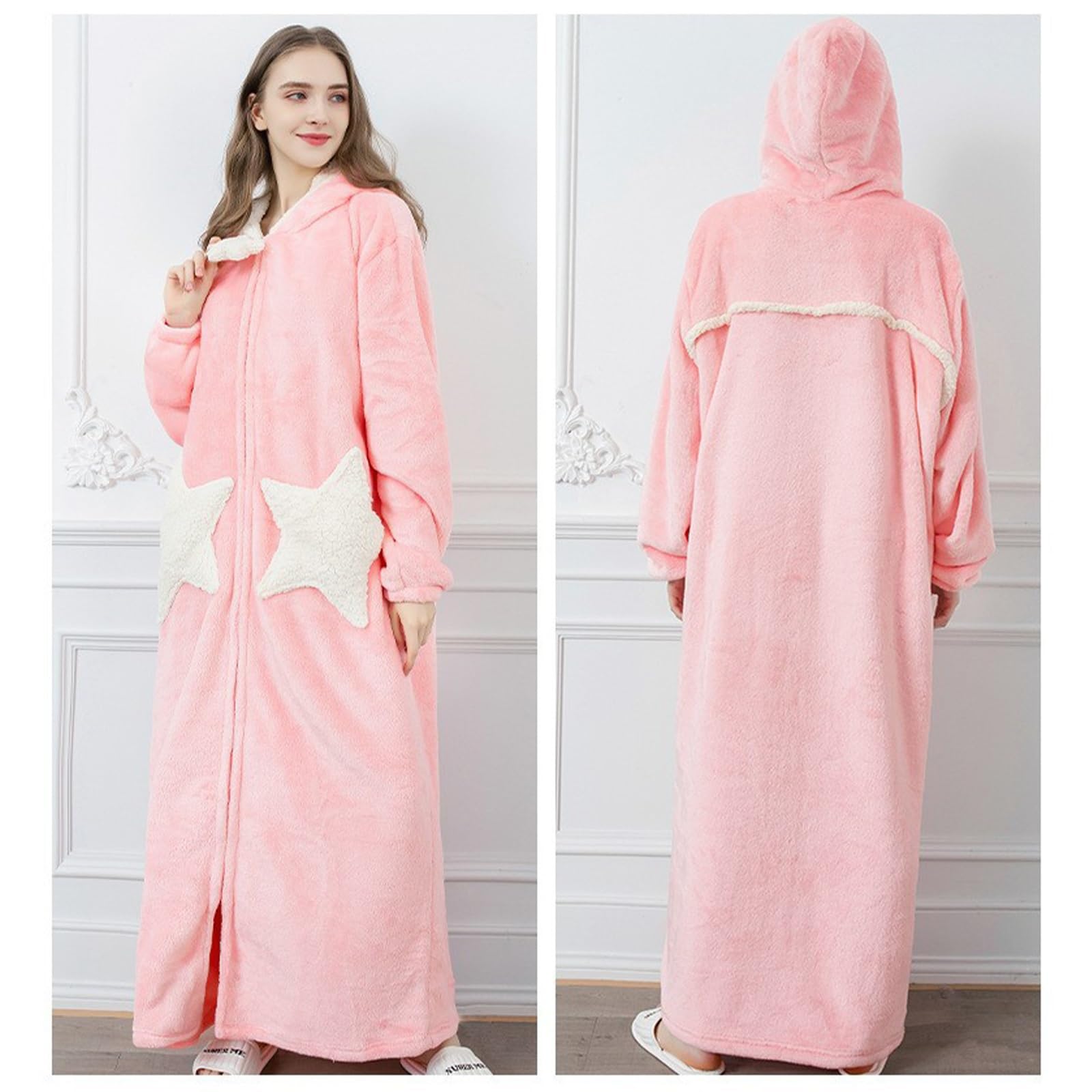 Szlafrok Damskie Szaty Zapinane Na Zamek Plus Size, Luksusowy Flanelowy Polarowy Szlafrok Na Całej Długości Z Kieszeniami (Color : Roze, Size : M)