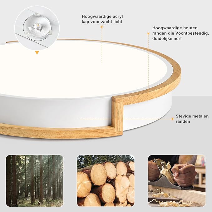 Vikaey Vikaey LED plafondlamp, witte plafondlamp 40cm, 36W lamp met hout voor slaapkamer, woonkamer, keuken, hal, eetkamer, 4000K photo 2