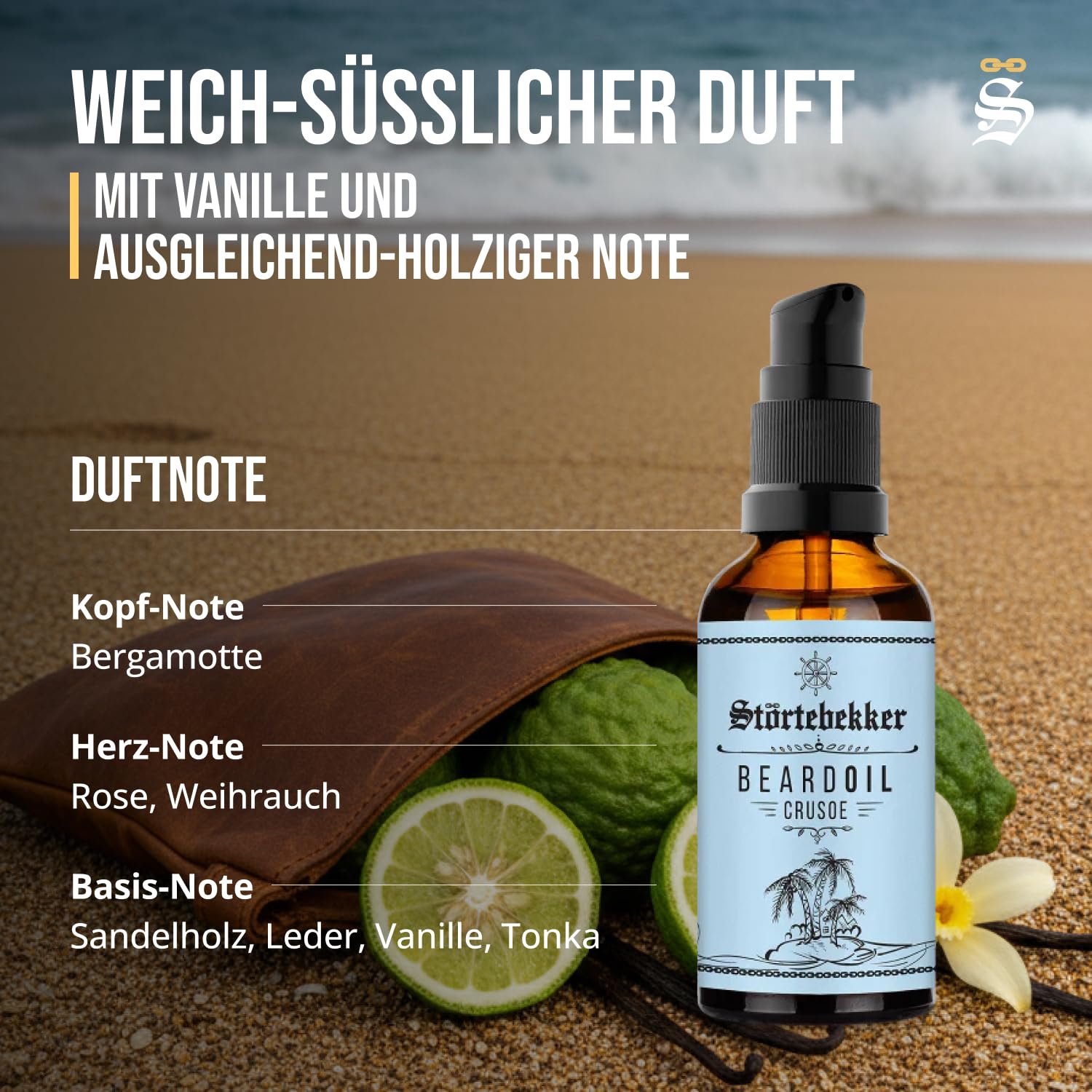Störtebekker® Premium Bartöl Crusoe - tägliche Bartpflege für 3-Tage-Bart bis Vollbart - 50ml Beard Oil Vegan - Bart Öl Herren mit angenehmen Duft - Hochwertige Inhaltsstoffe - Made in Germany