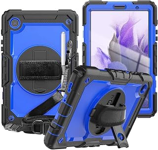 CLARKCAS Samsung Galaxy Tab A7 Lite Cases with Screen Protector Pencil Holder Kids Shockproof Rugged Silicone Cover 360 Stand Hand Strap for Samsung Galaxy Tab A7 Lite 8.7, Black+Blue