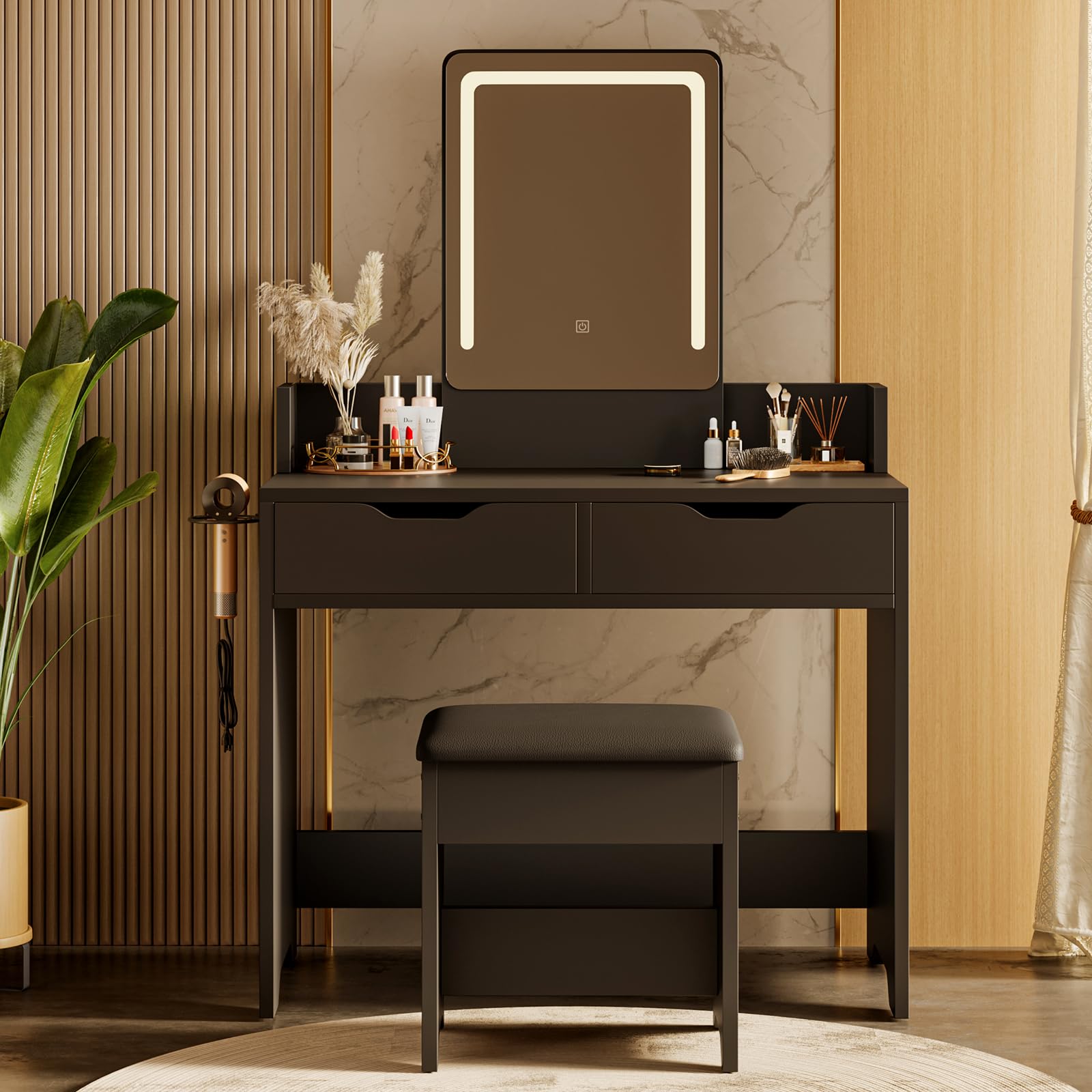 Bestier Dressing Table with Stool, Vanity Desk with Touch Control LED Mirror (3 Color Modes), 2 Drawers & Hair Dryer Holder, Modern Makeup Desk for Bedroom, Black