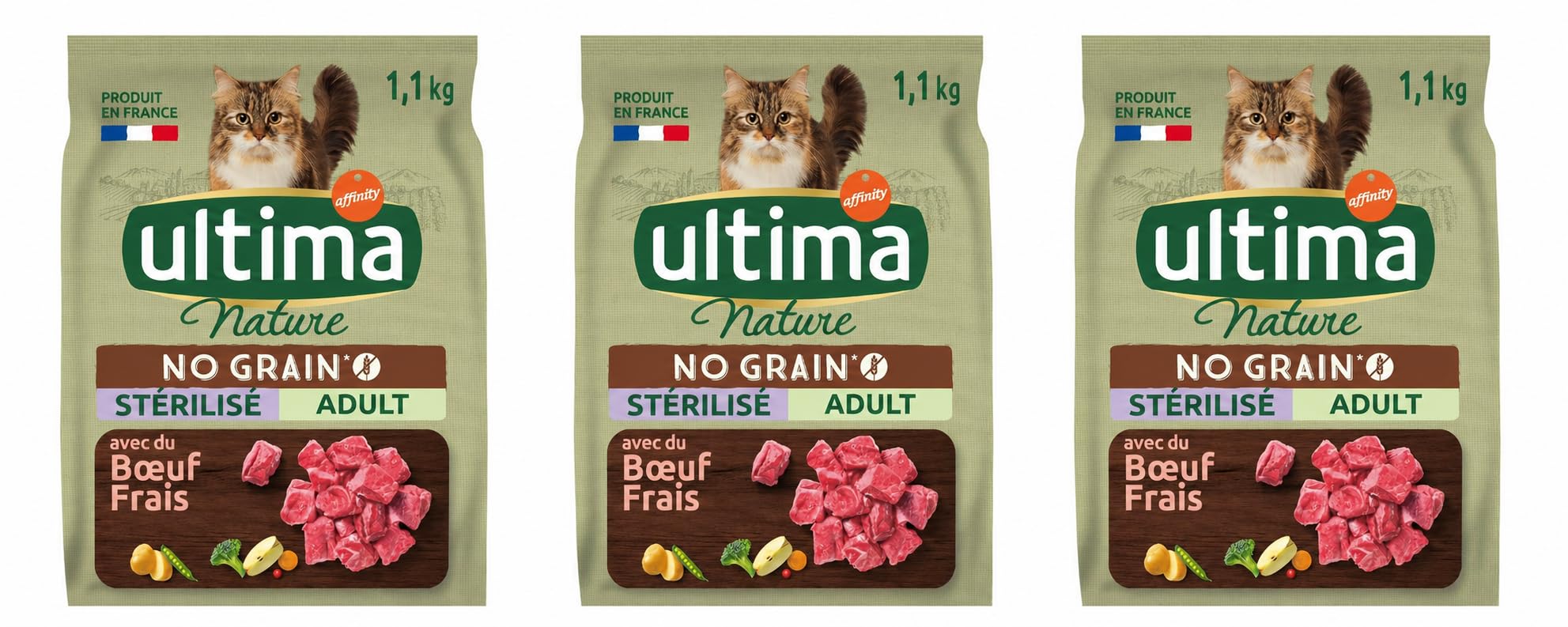 Ultima Nature No Grain Esterilizado Adulto, Croquetas para gatos con carne fresca, 1,1 kg, lote de 3