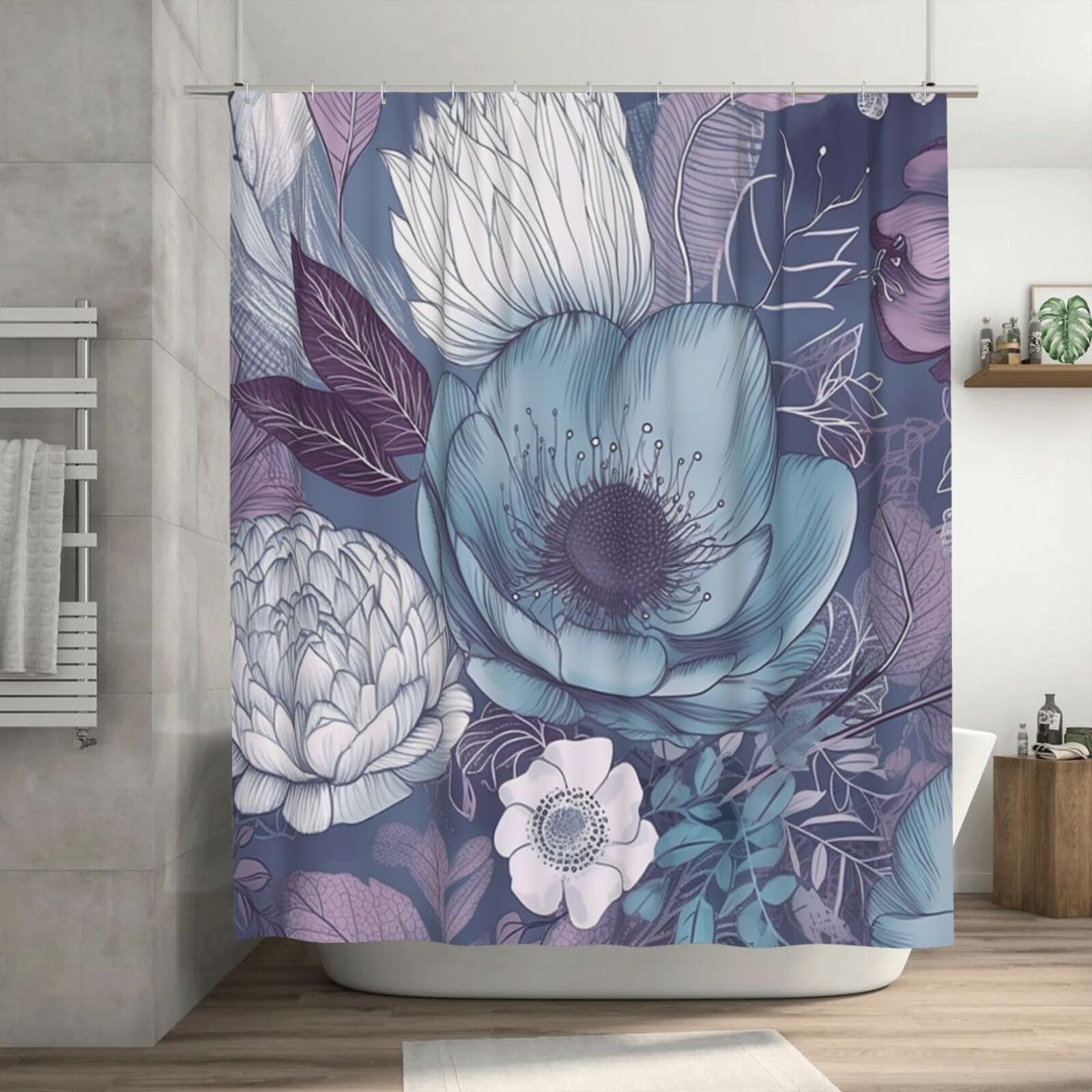 Rideau de douche tissu épais imperméable bleu fleuri avec 12 anneaux