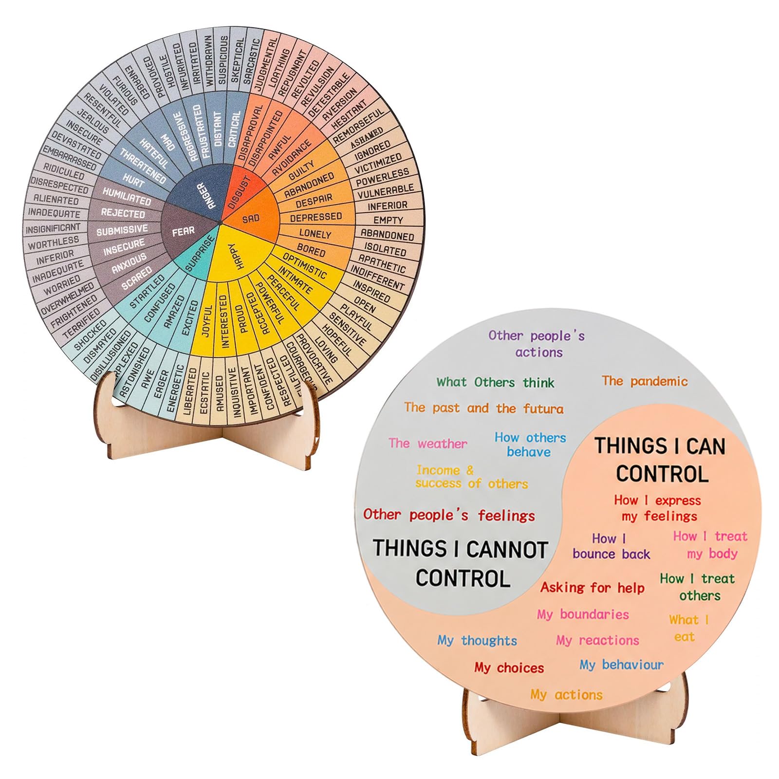 EZOOU Wooden Feelings Wheel Spinner – Double-Sided Emotions Wheel for Adults – Mood Visual Tool with Stand – Office Classroom Home Mental Health Awareness