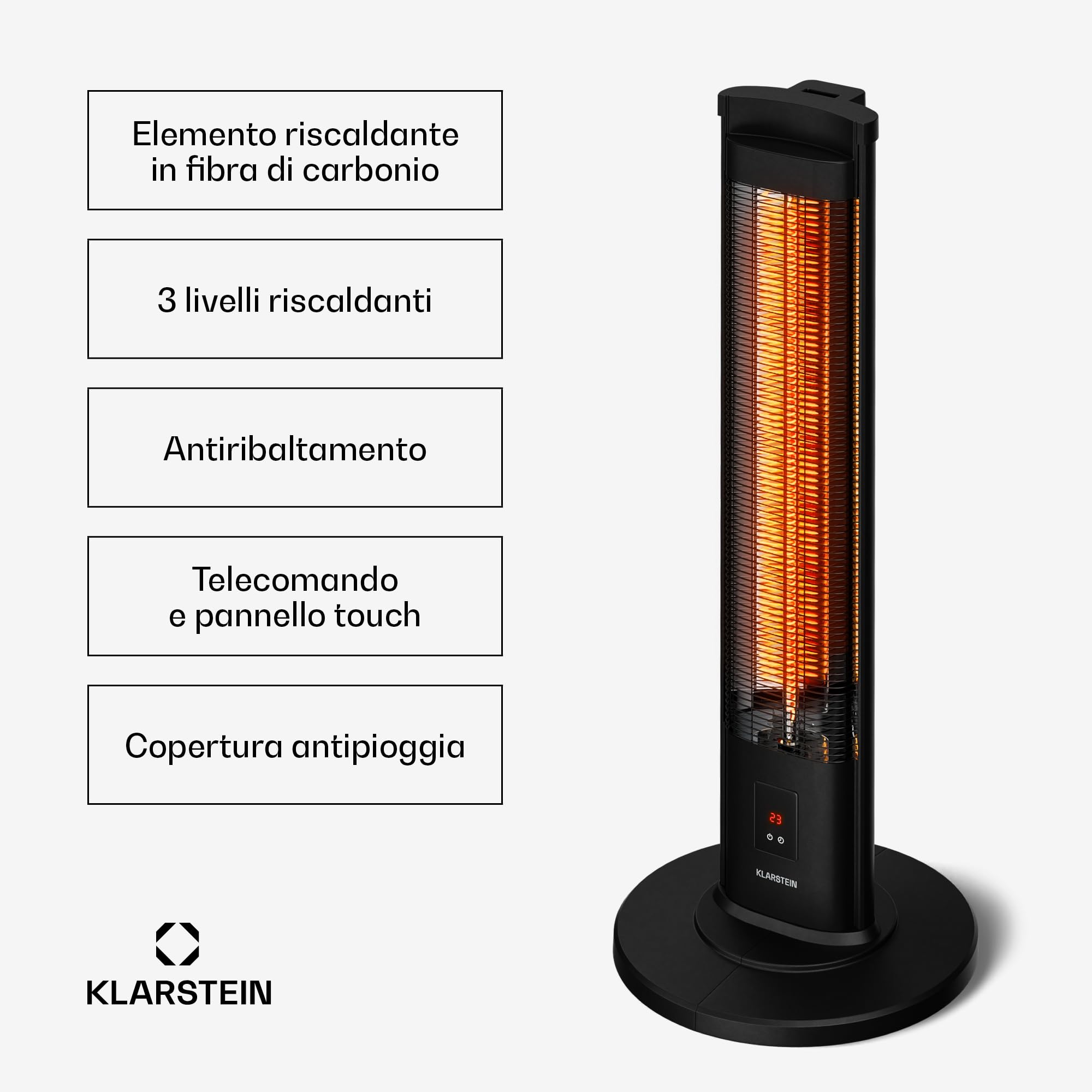 Klarstein BlazeTower Riscaldamento a Infrarossi - 2000W, 3 Livelli, IP45, Timer, Telecomando & Protezione Antiribaltamento - Riscaldamento Infrarossi per Esterni
