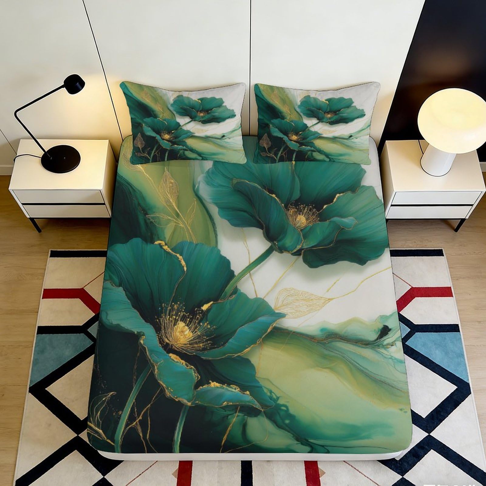 3D Printed Green Botanical Fitted Sheet Microfiber Deep Pocket Non-Slip Bedroom Bedding Green Botanical Mattress Fitted Cover for Adults Youth 200x200x25cm 90x200x25cm