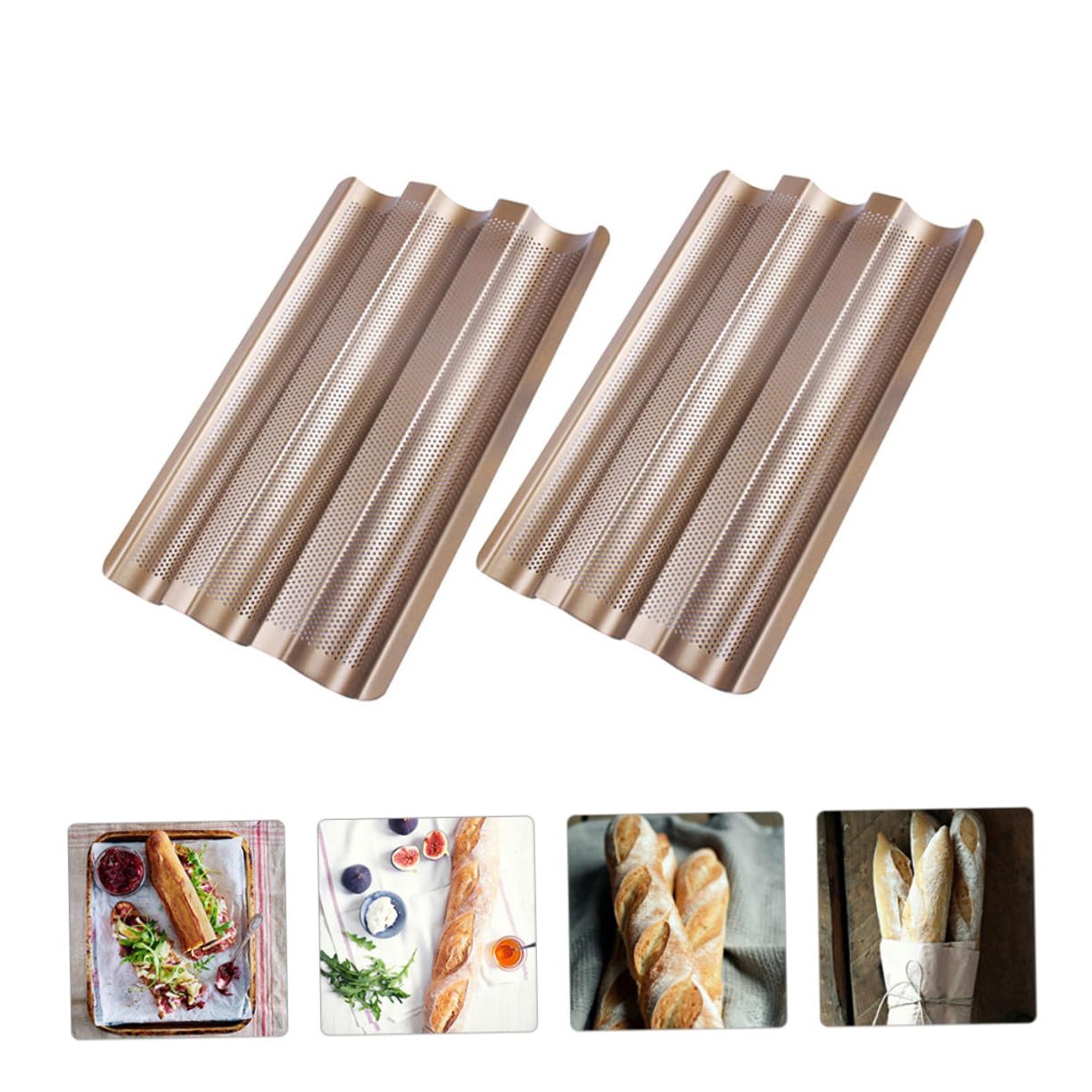 Sosoport Molde para Pan de 3 Ranuras 2 Piezas de Acero al Carbono | Diseño Perforado de Tres Ondas, Acabado Dorado, para Baguette Francesa y Preparación de Horno