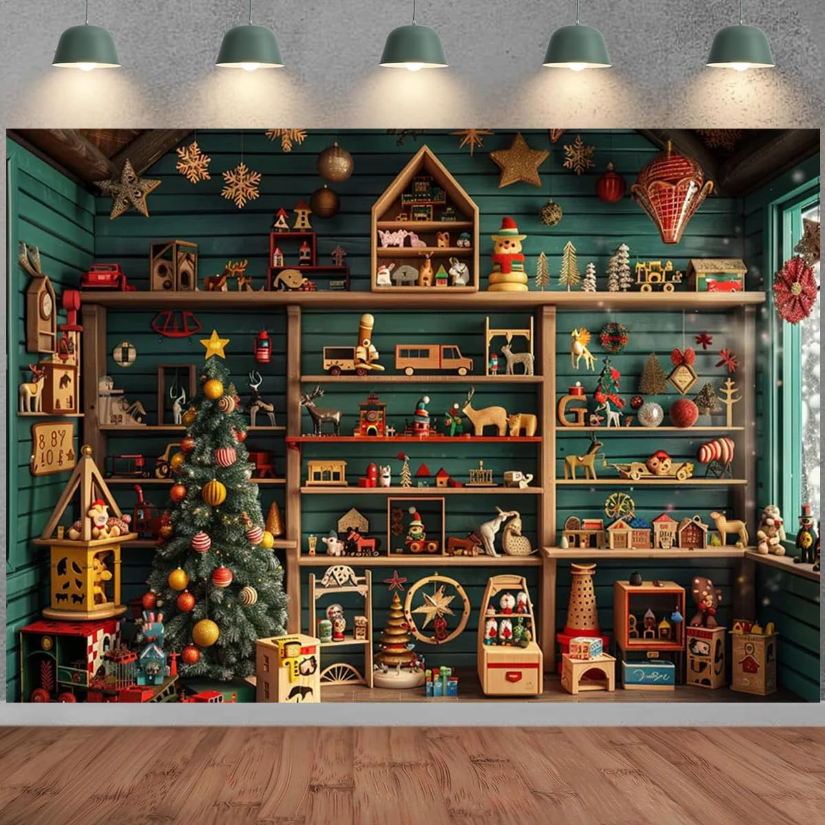 Winter Christmas Santa's Workshop Photography Backdrop Winter Family Holiday Party Decoration Santa Wardrobe Cupboard Banner New Year Background