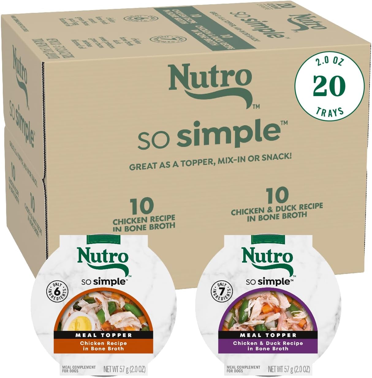 Nutro So Simple Wet Dog Meal Complement Chicken & Duck Recipes in Bone Broth, Wet Dog Food Topper, 2 oz. Trays, Variety Pack (20 Count)